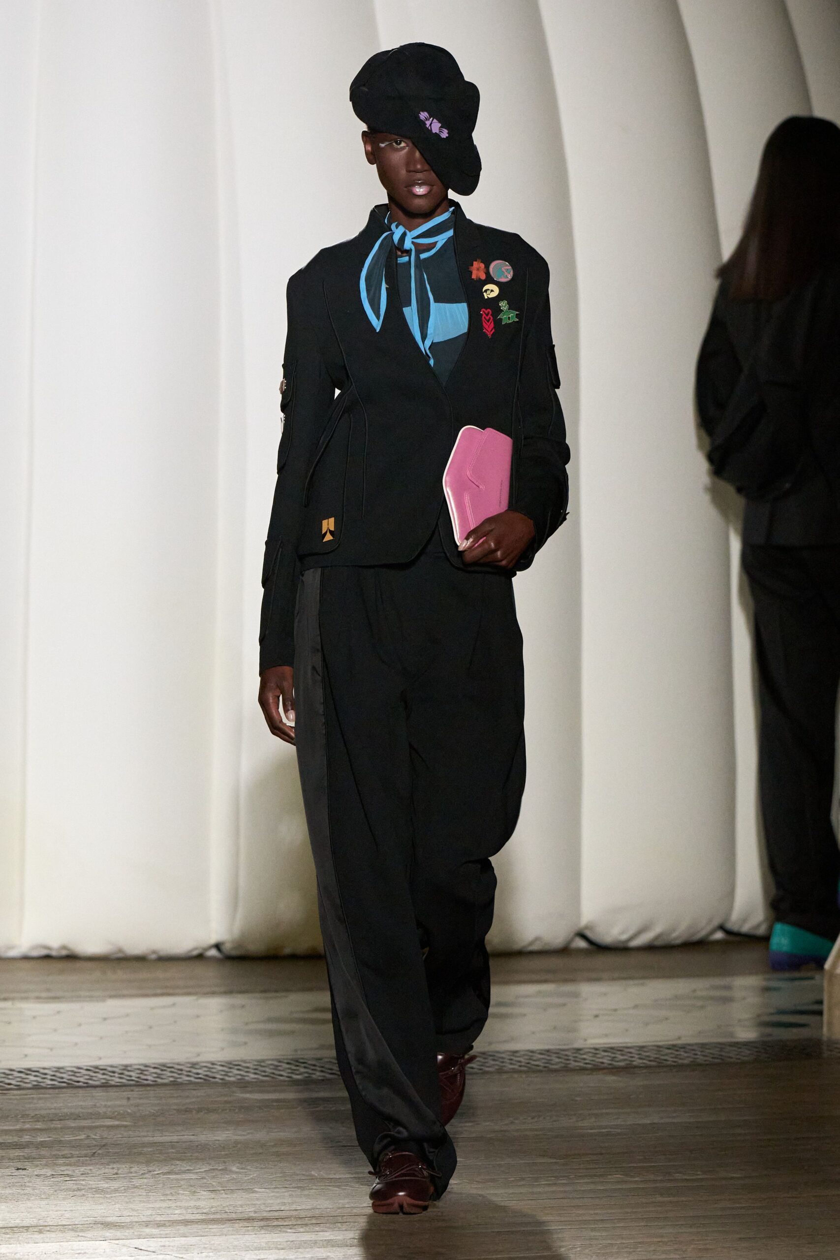 black tailored blazer with blue shirt