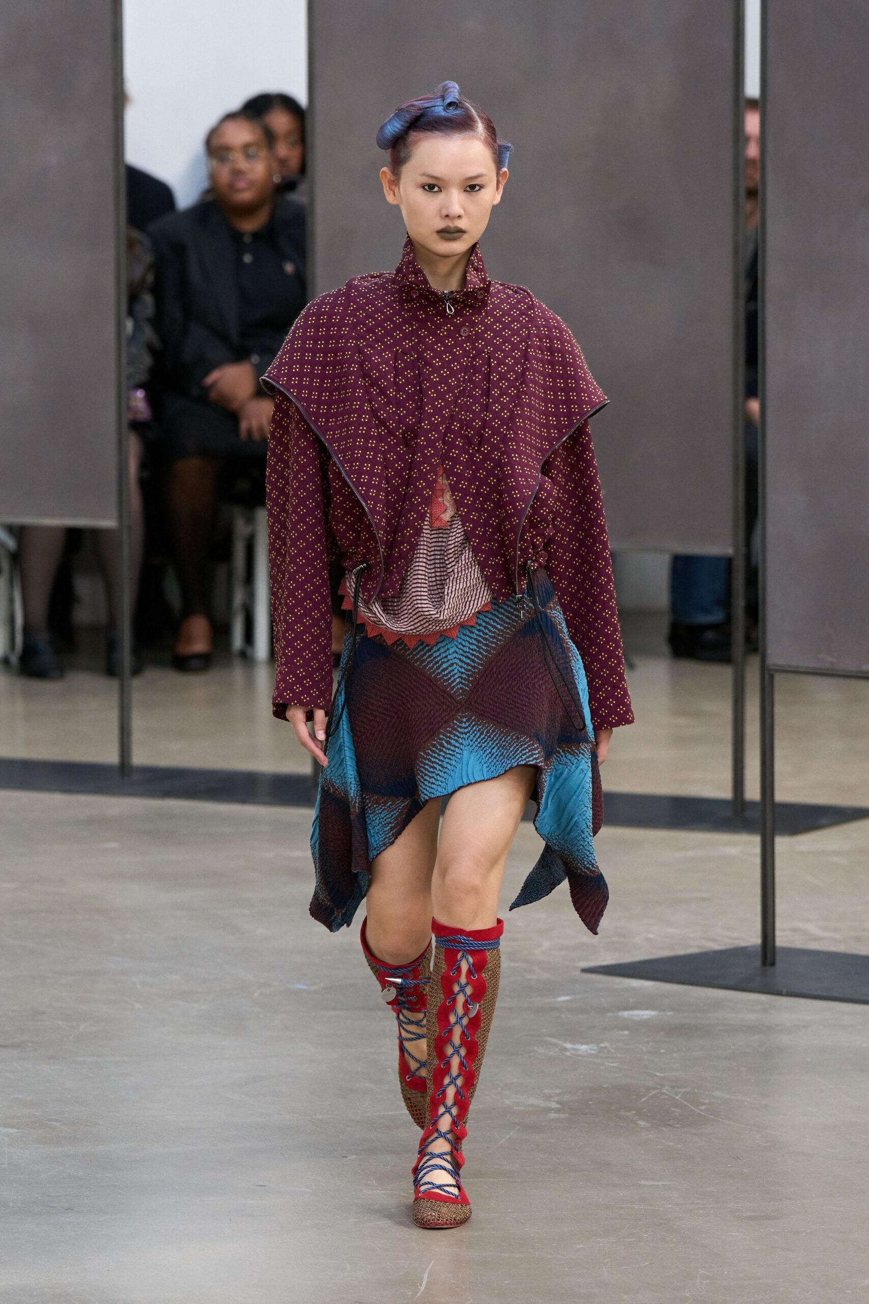 red cotton long-sleeve collared relaxed layered cape