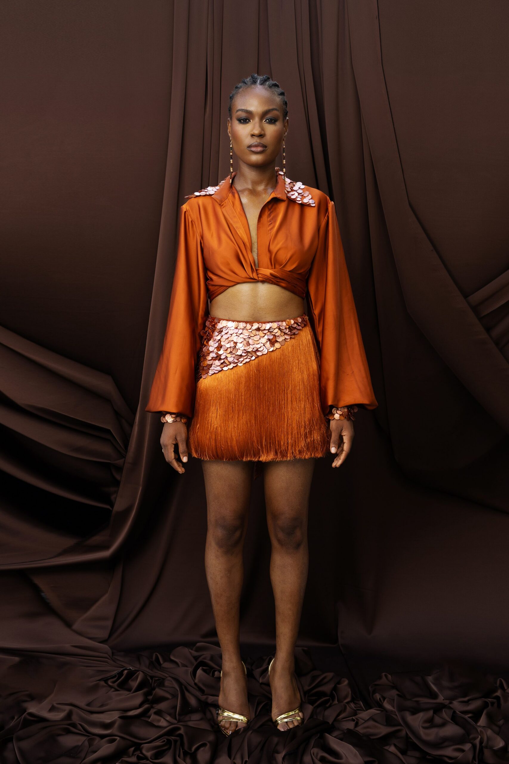 orange silk long-sleeve collared fitted ruffled shirt