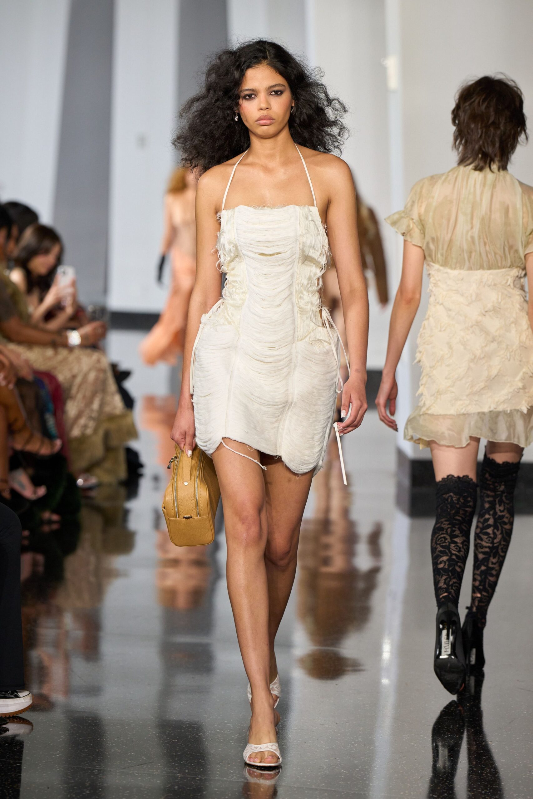 white silk sleeveless high-neck fitted ruched flowing dress