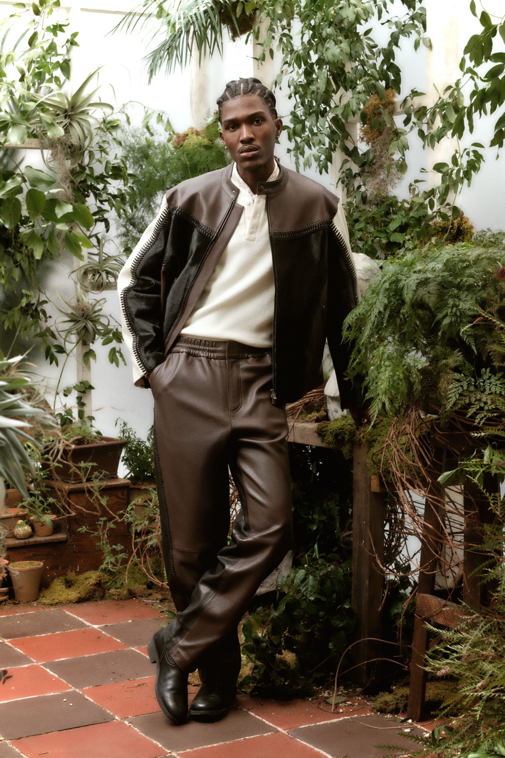 brown leather jacket and pants