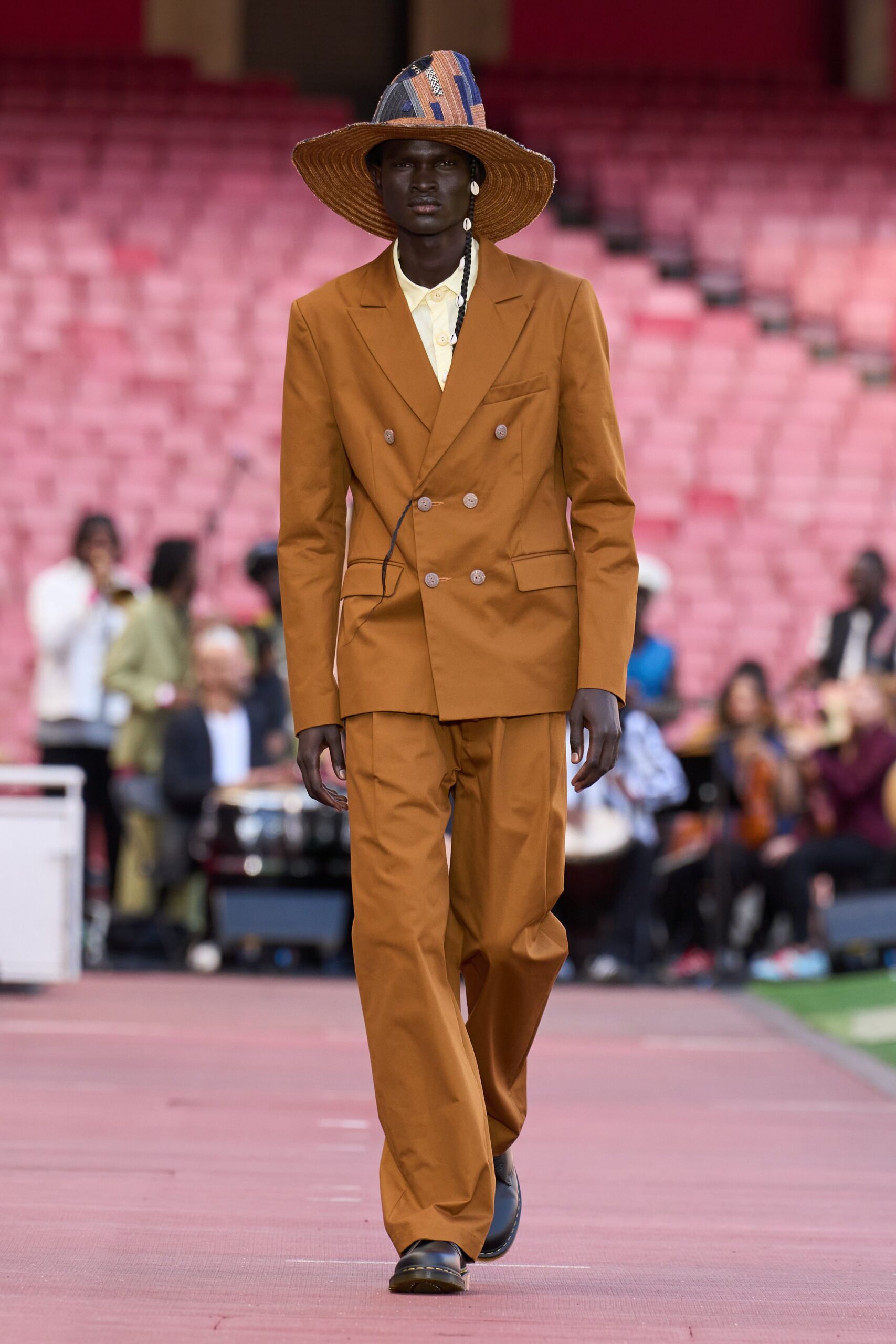 orange cotton long-sleeve collared tailored suit