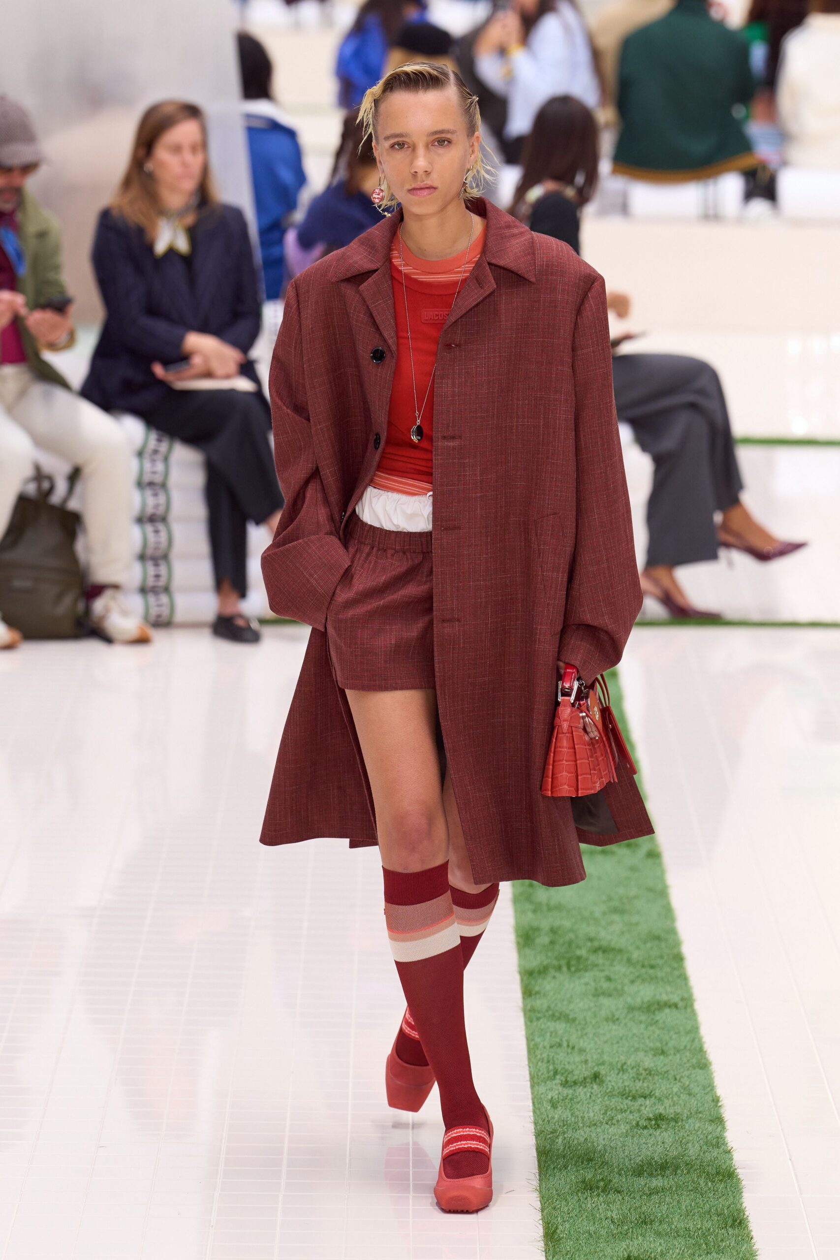 brown oversized coat with red top