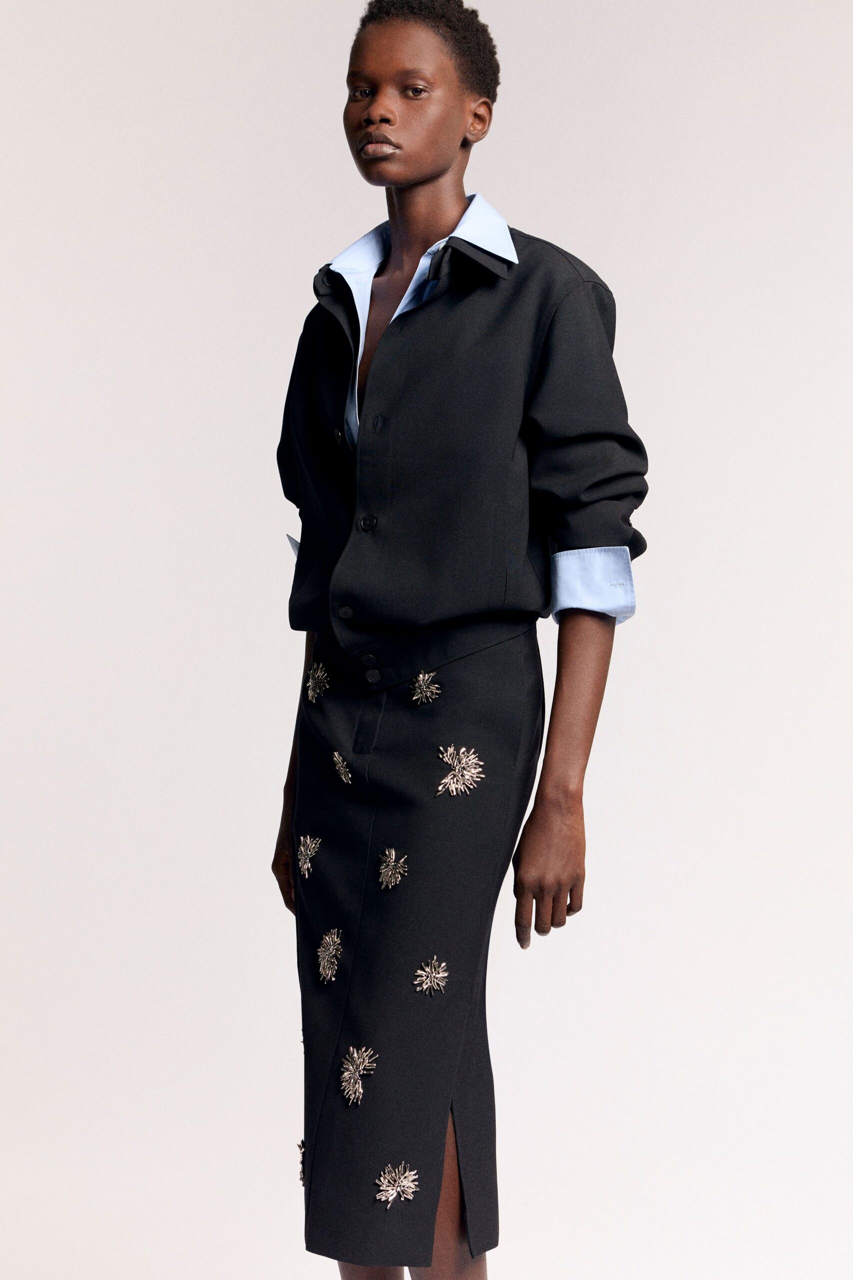 black and blue relaxed shirt with embroidered skirt