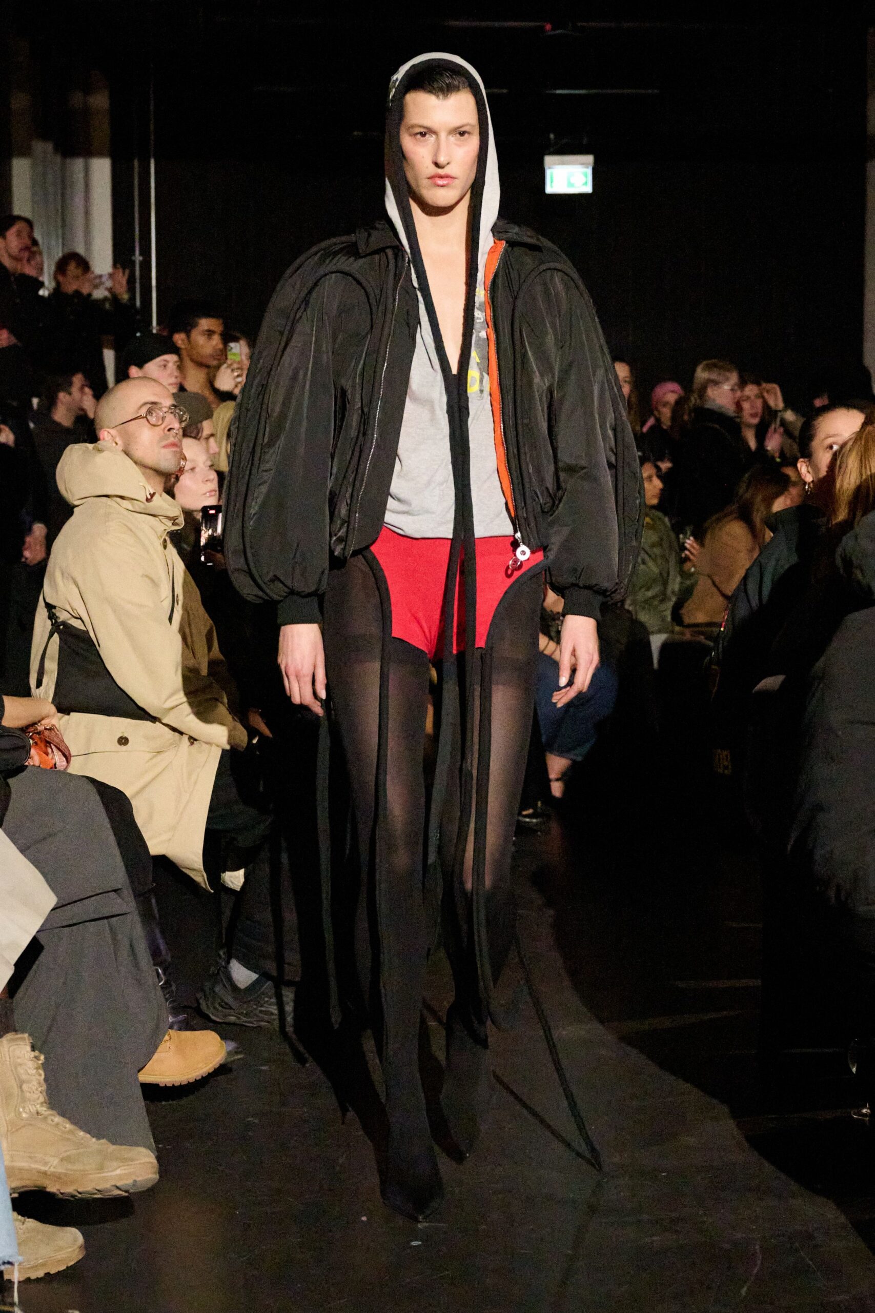 black hoodie gray t-shirt red shorts