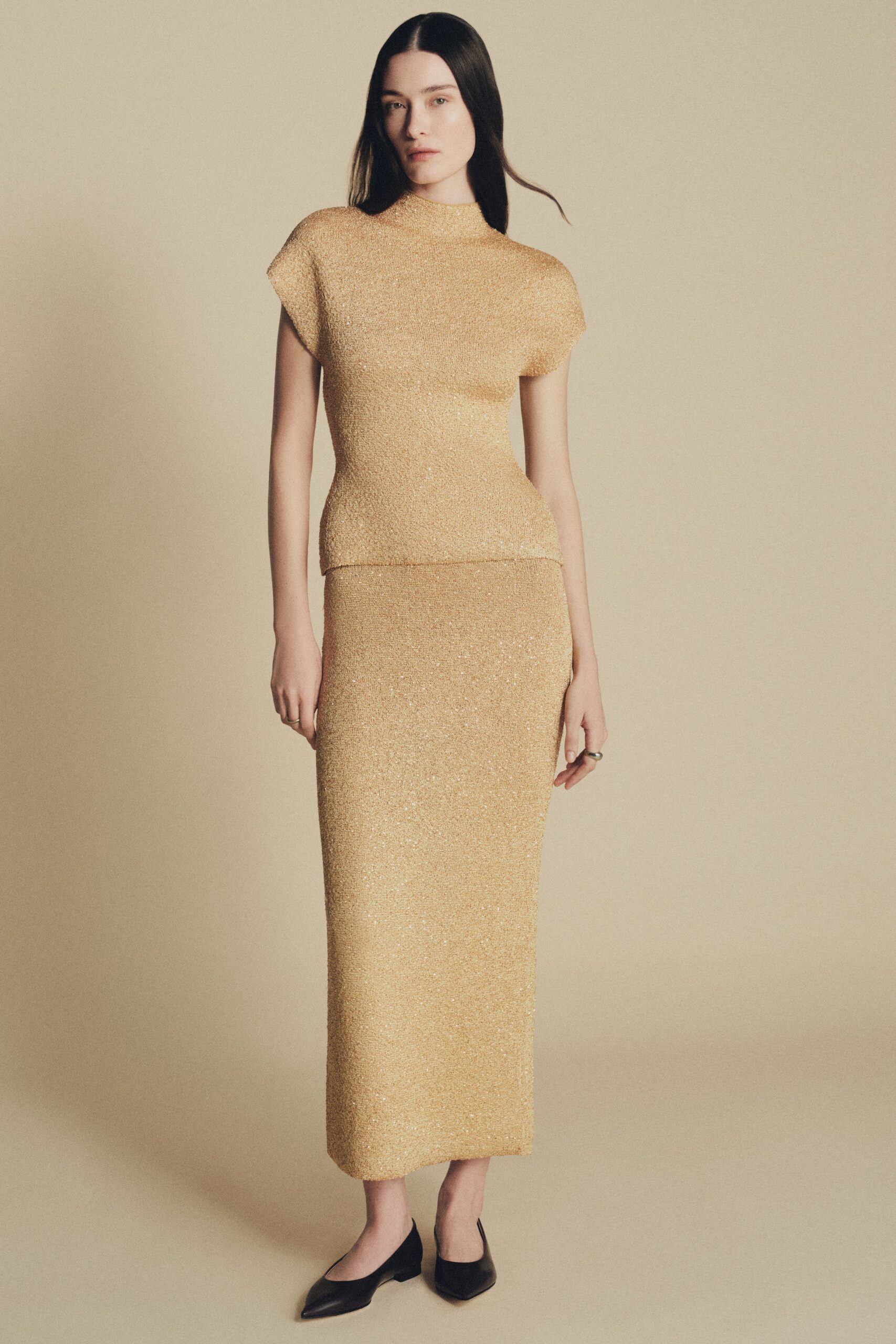gold metallic short-sleeve high-neck fitted straight-leg shiny dress