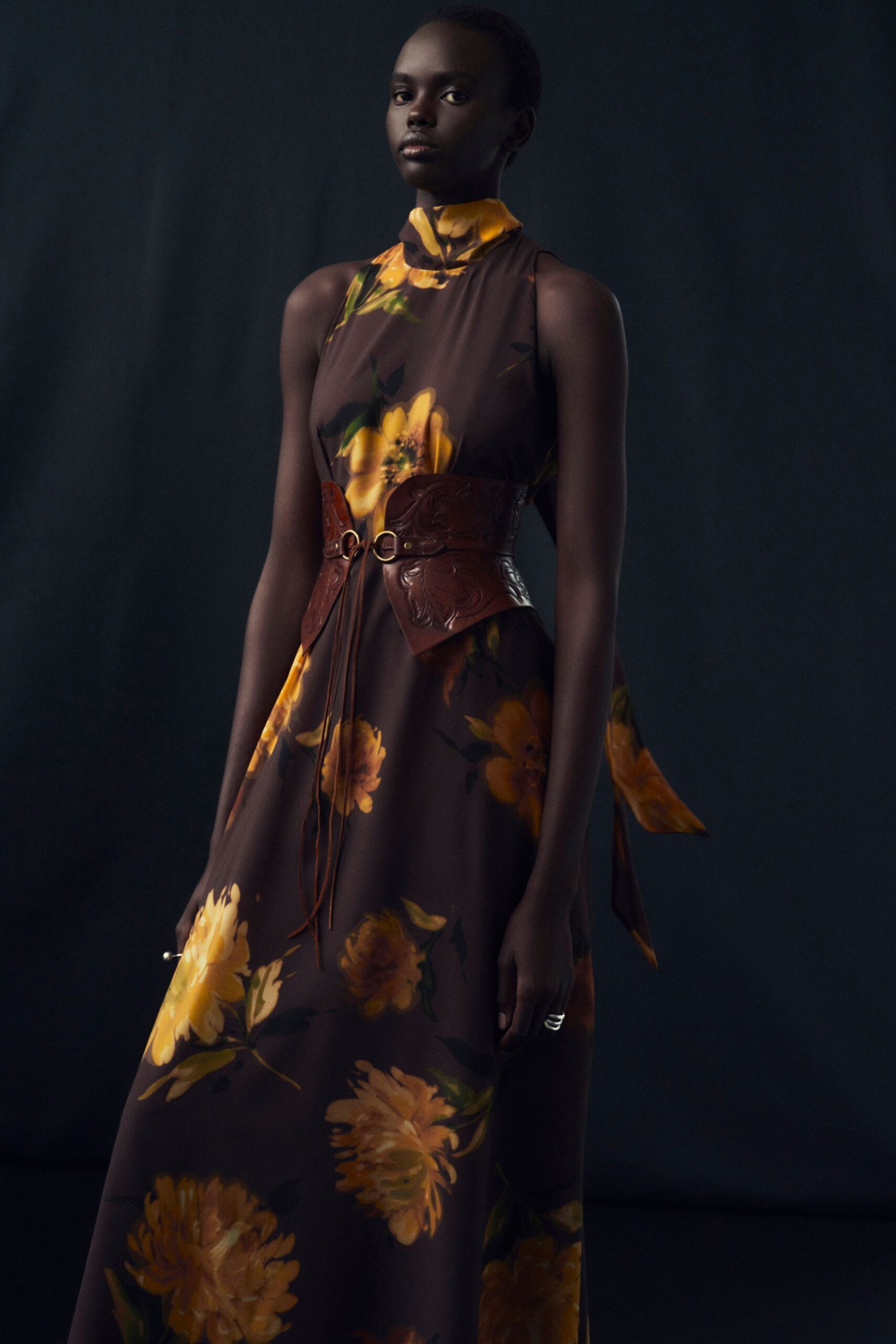 brown silk sleeveless high-neck fitted floral tiered gown