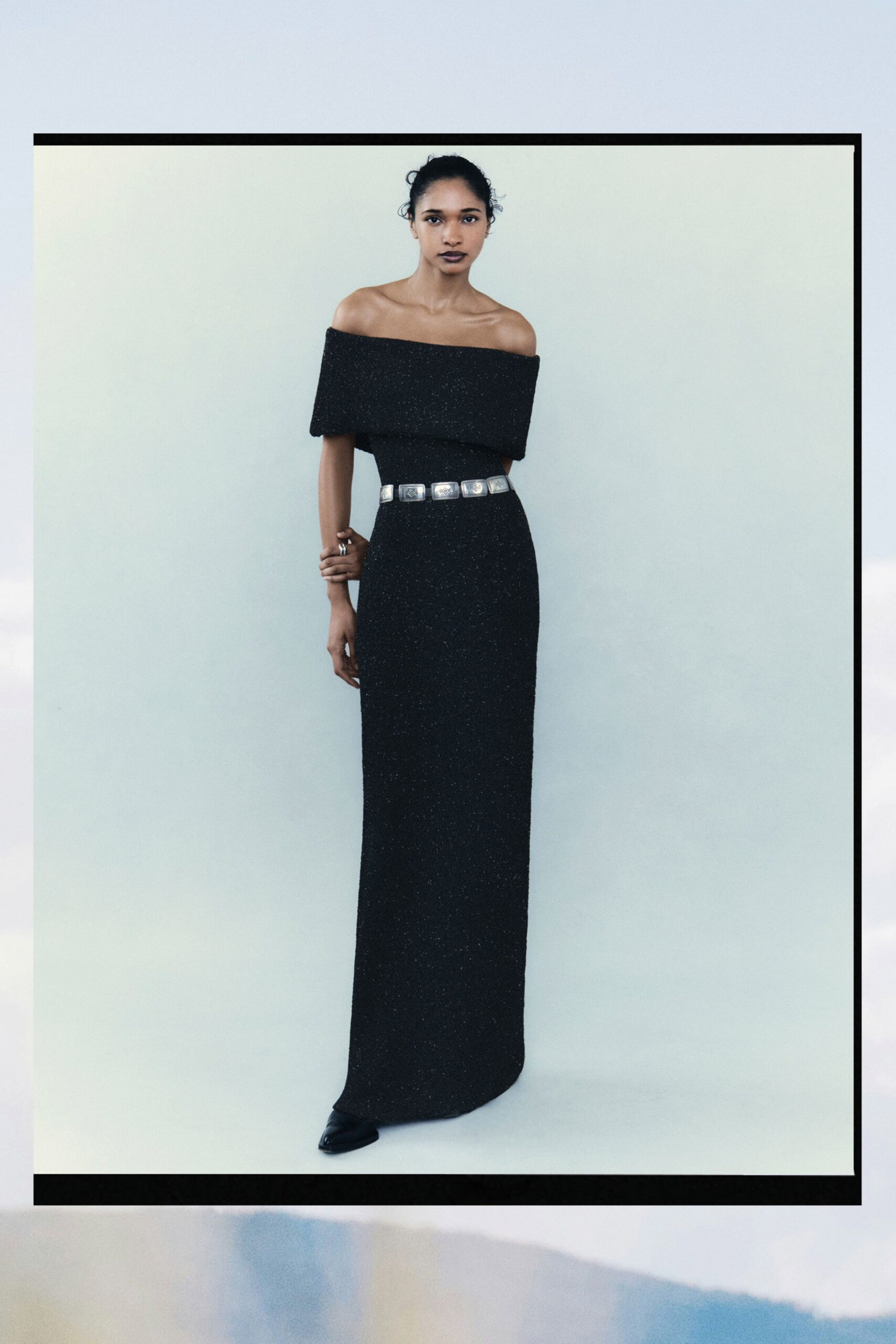 black silk off-shoulder fitted straight-leg shiny maxi gown