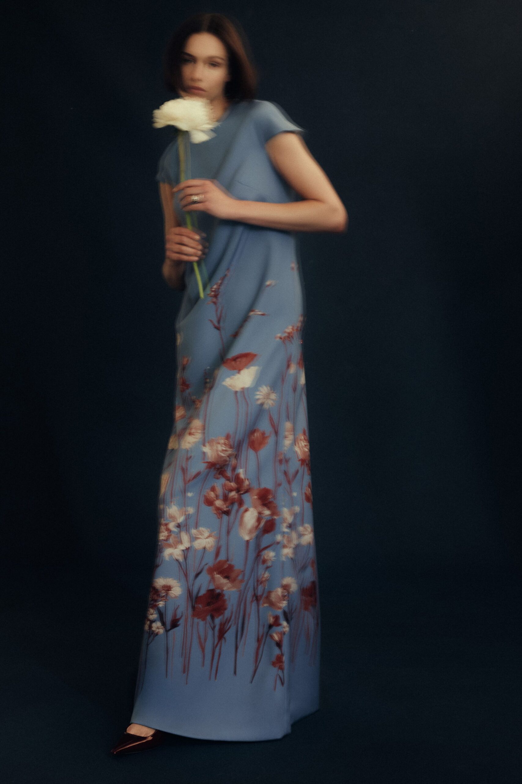 blue silk short-sleeve v-neck fitted floral flowing gown