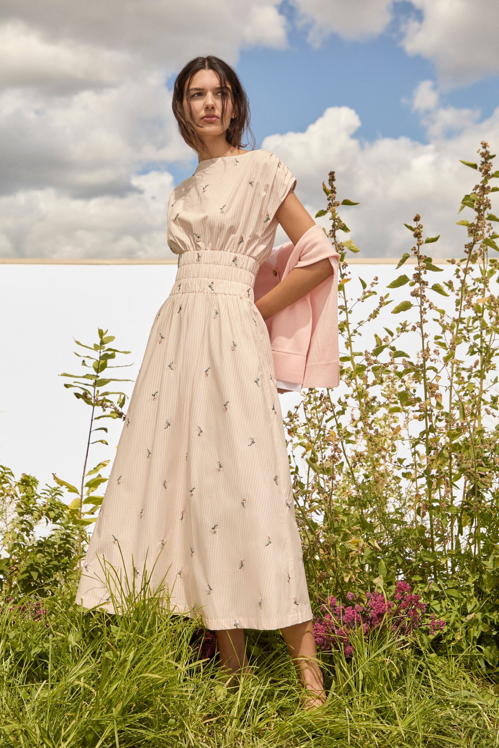 pink beige embroidered midi dress