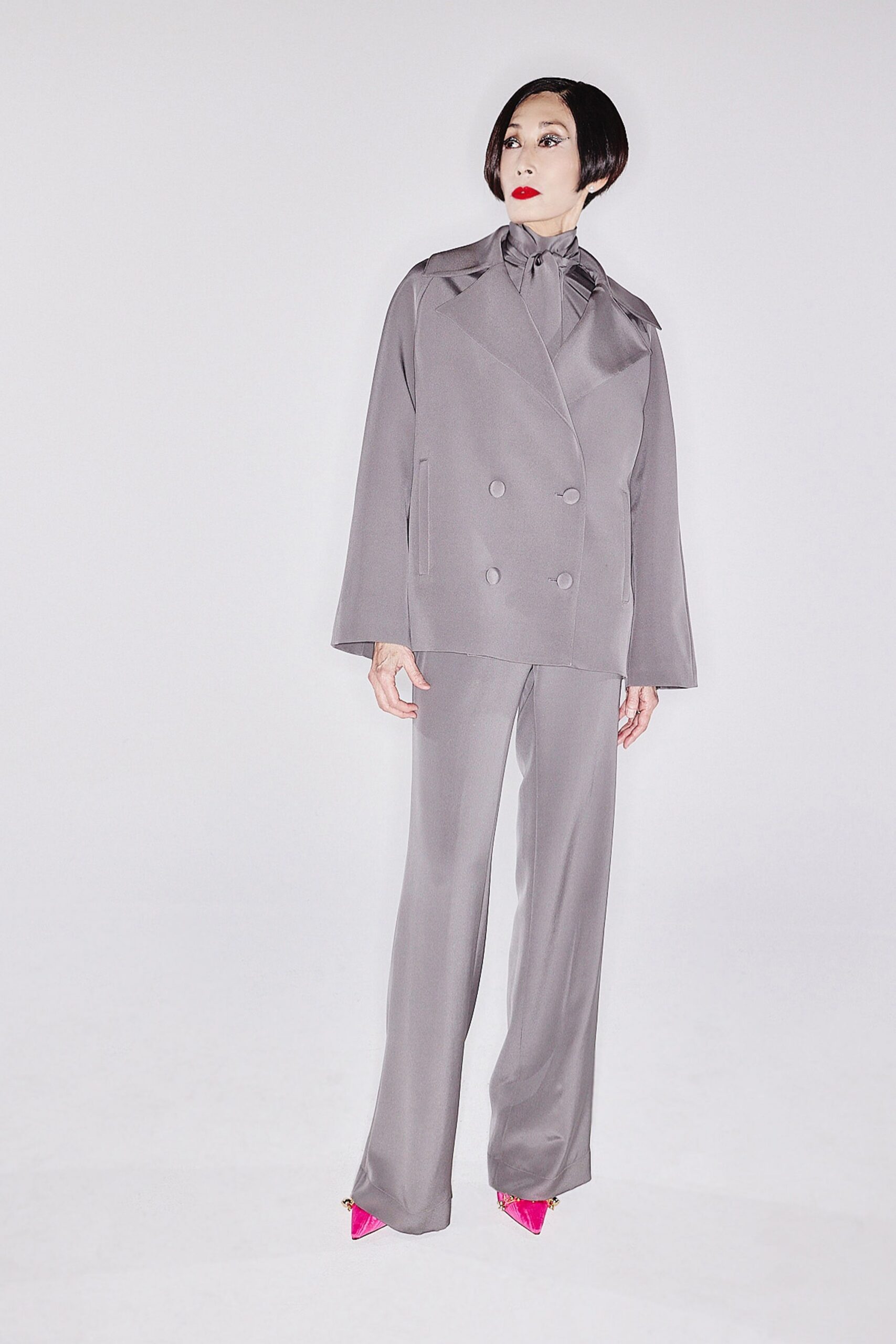 gray silk tailored straight-leg pants