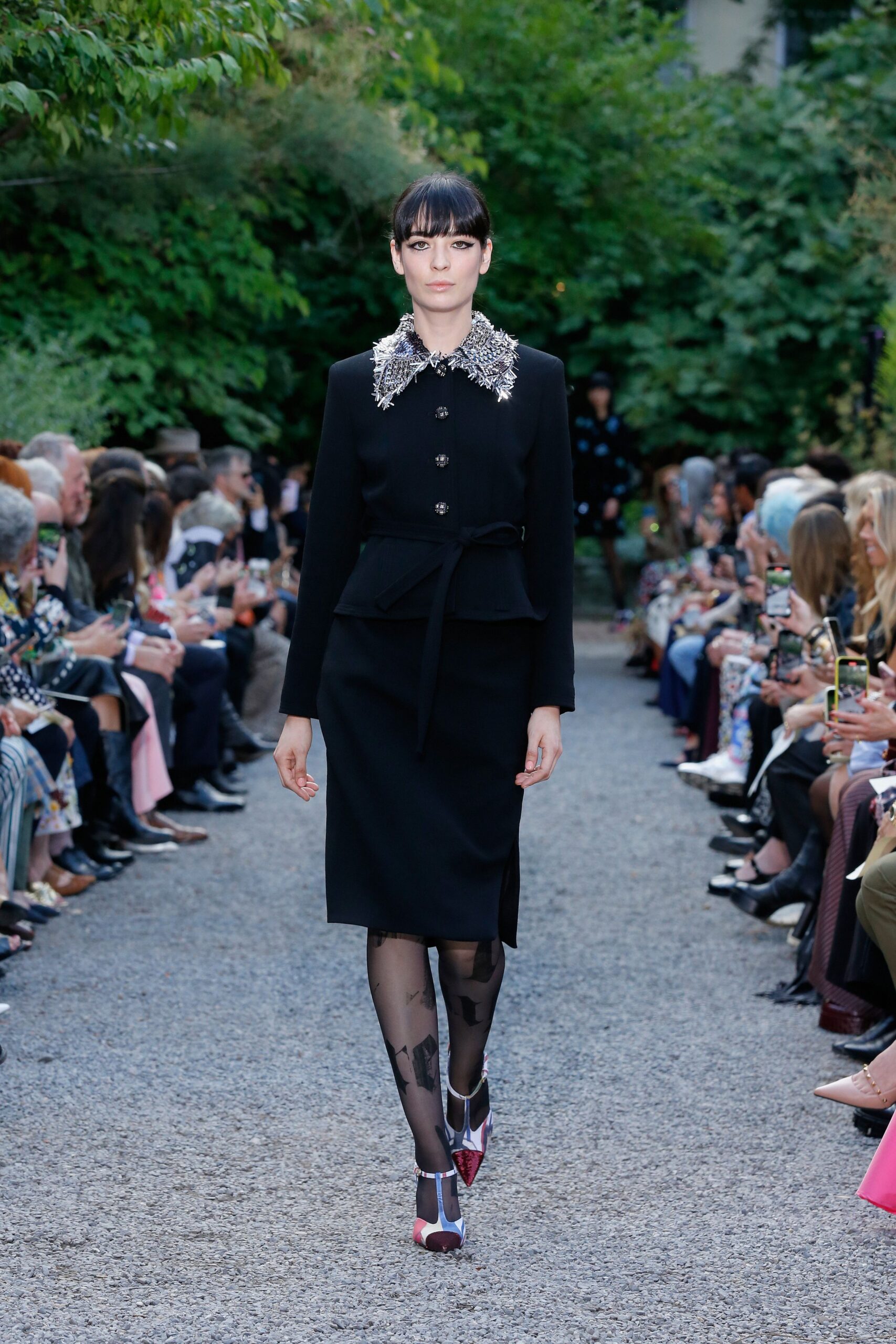black midi dress with embellished shoes
