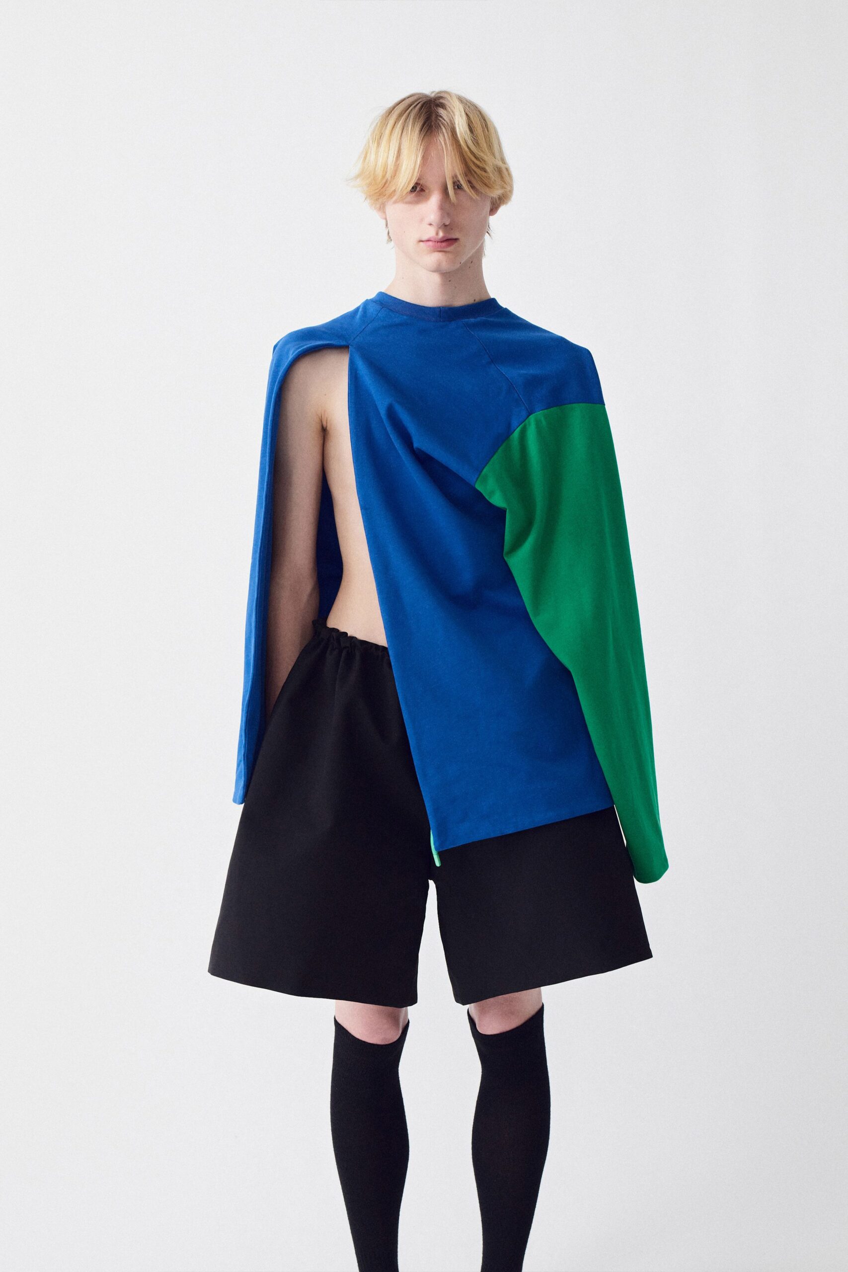 blue cotton long-sleeve asymmetric relaxed top