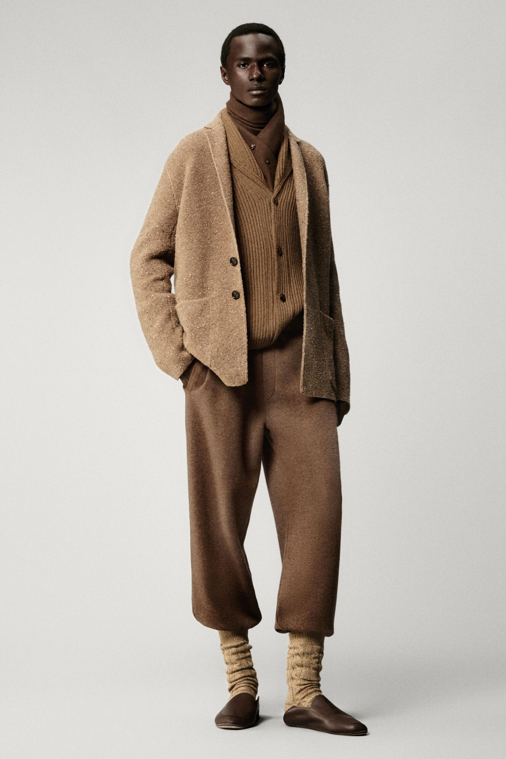 beige wool long-sleeve collared relaxed buttoned blazer