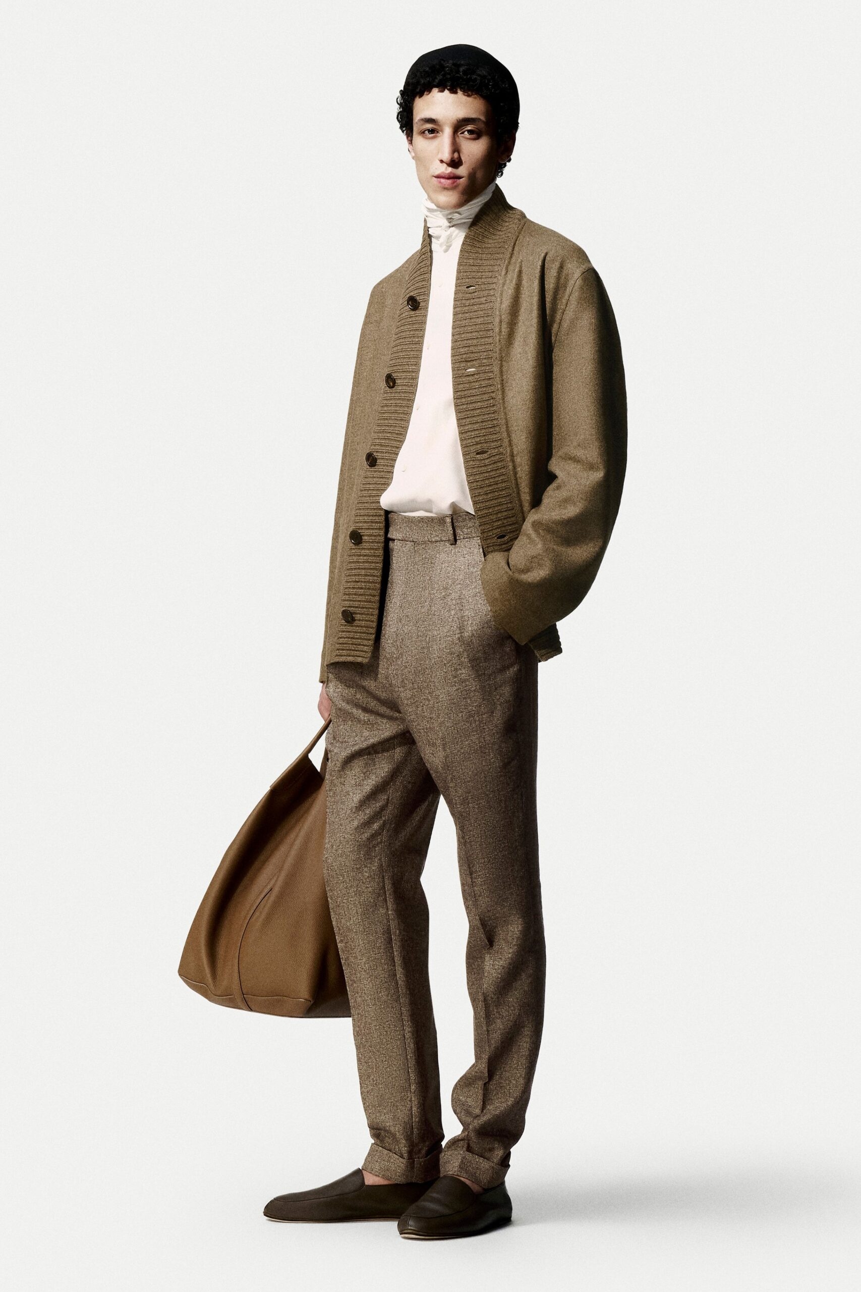 brown wool long-sleeve collared relaxed buttoned jacket