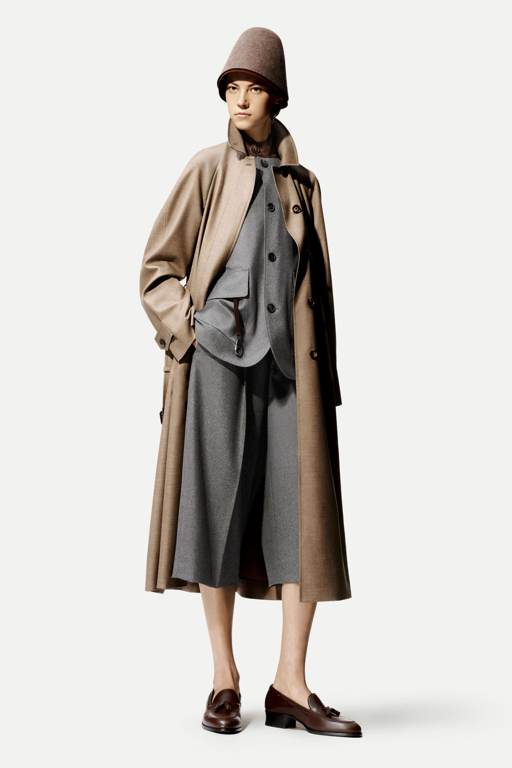 brown wool long-sleeve collared relaxed buttoned midi coat