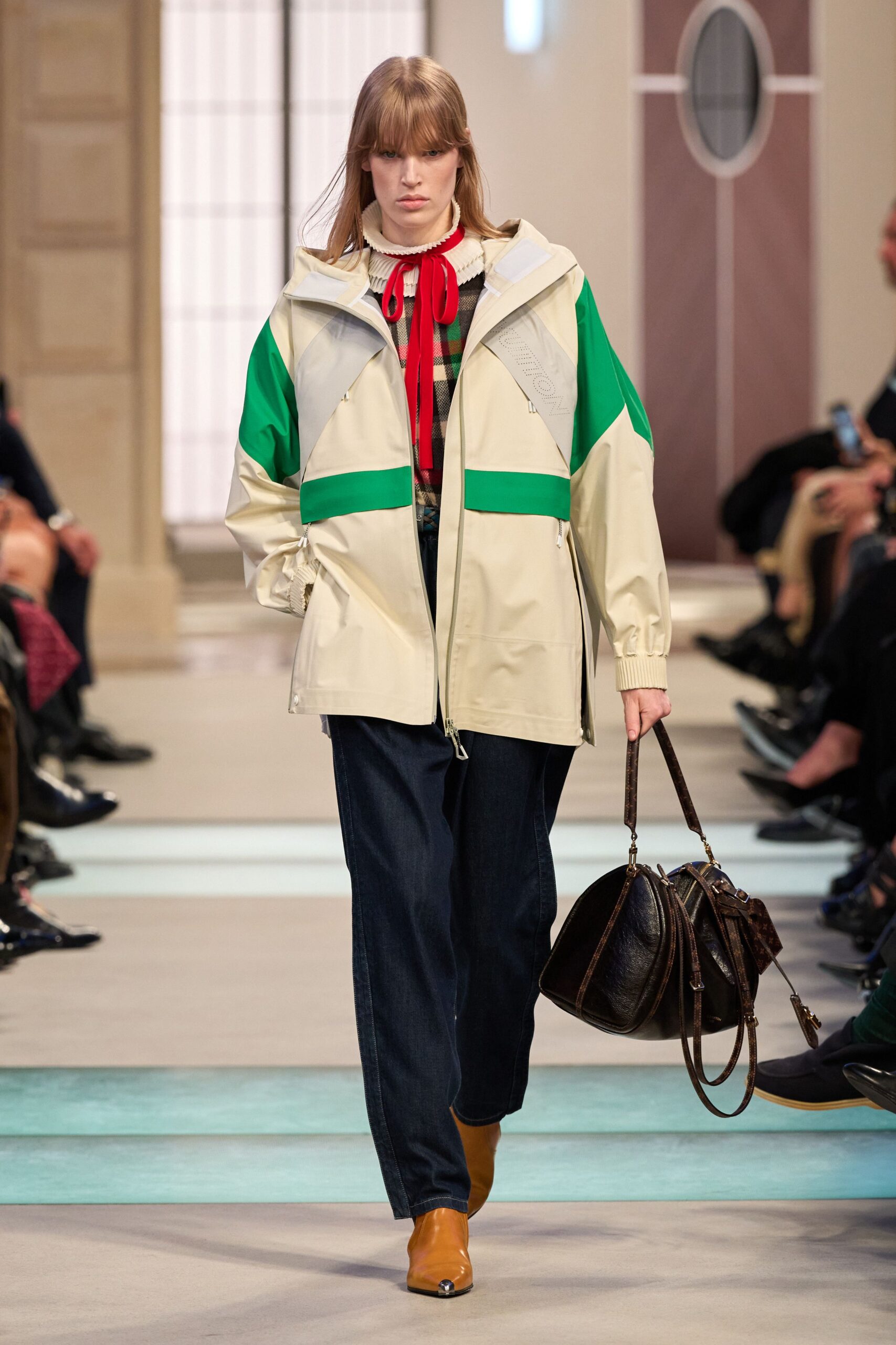 beige and green color-blocked jacket