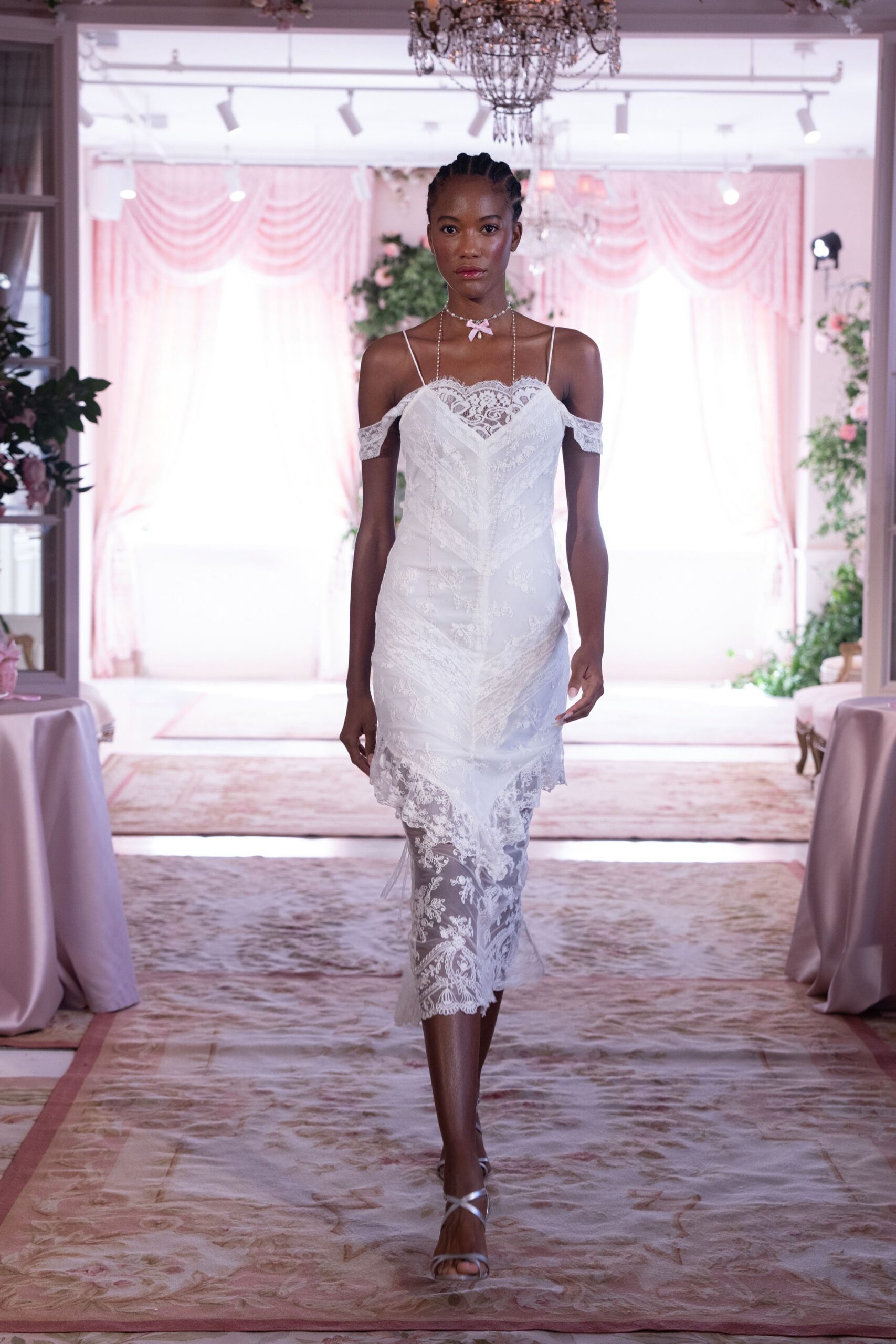 white lace off-shoulder sleeveless fitted embroidered tiered dress