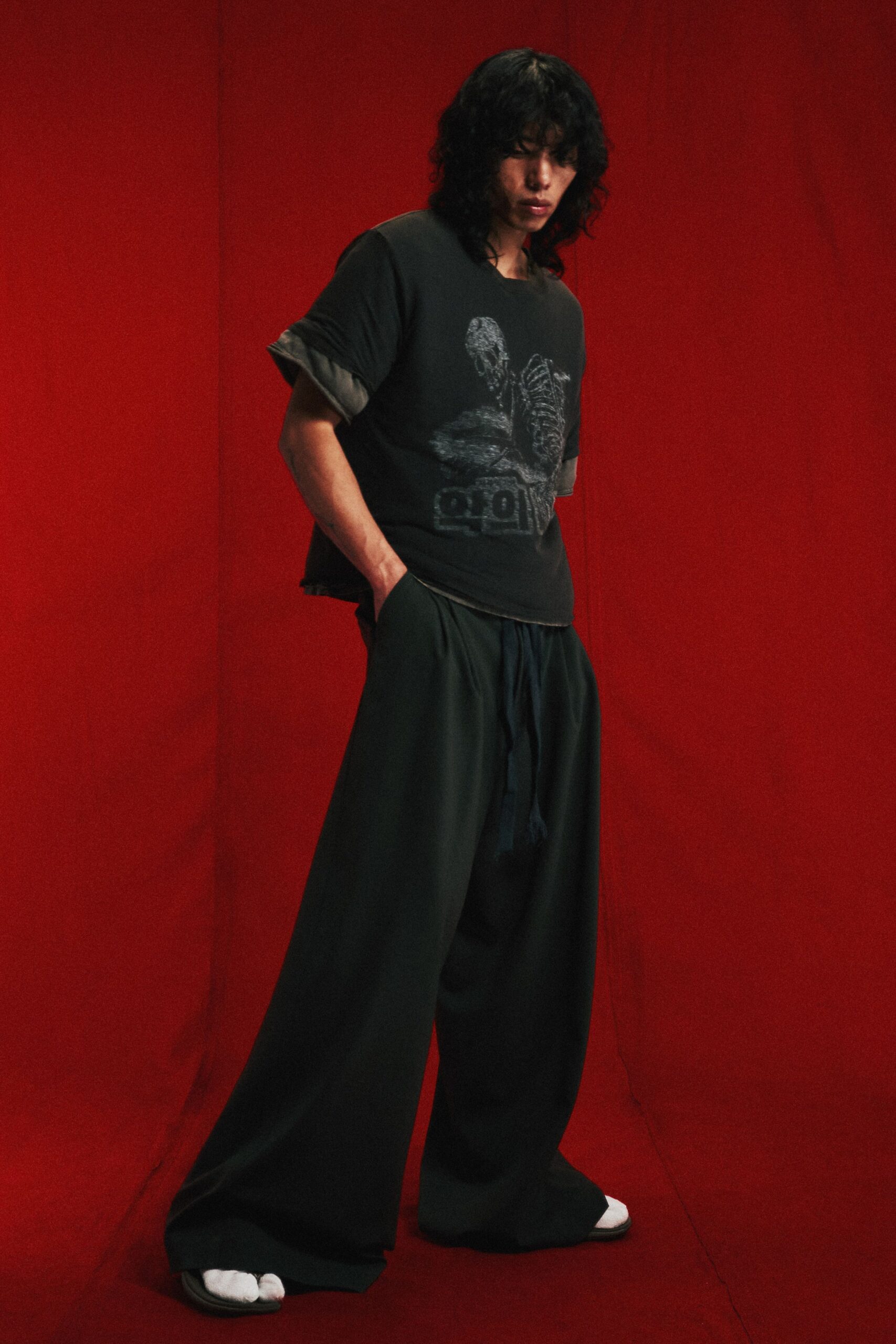 black t-shirt gray wide-leg pants