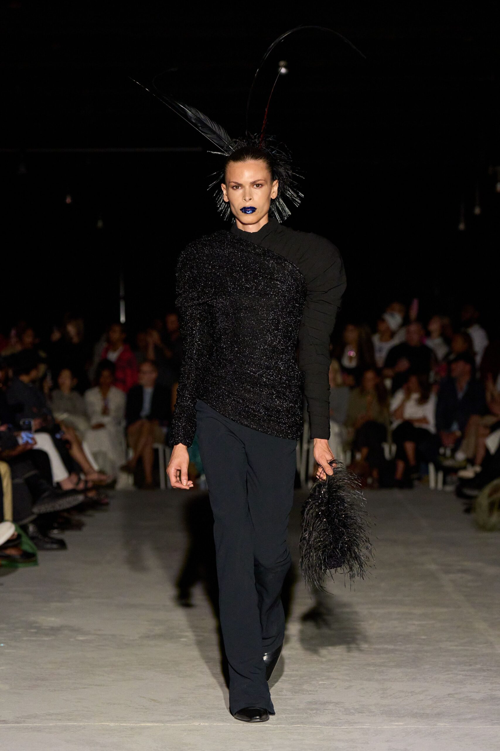 black wool long-sleeve asymmetric fitted textured top