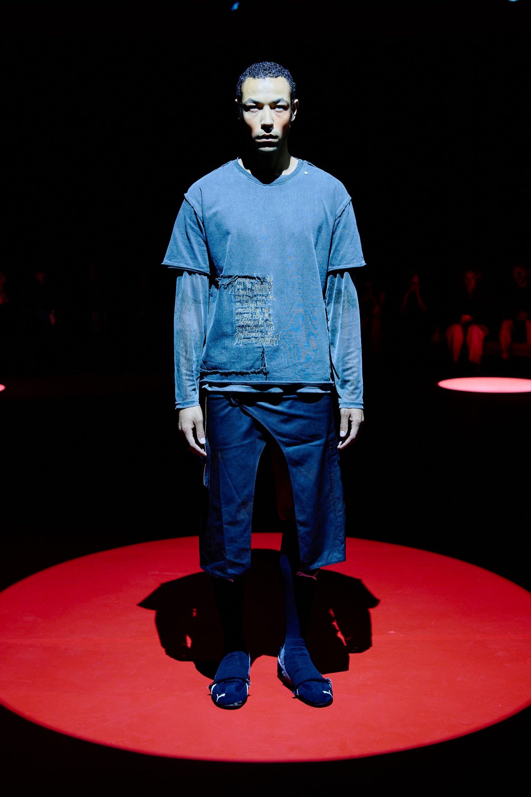 blue relaxed t-shirt with black pants