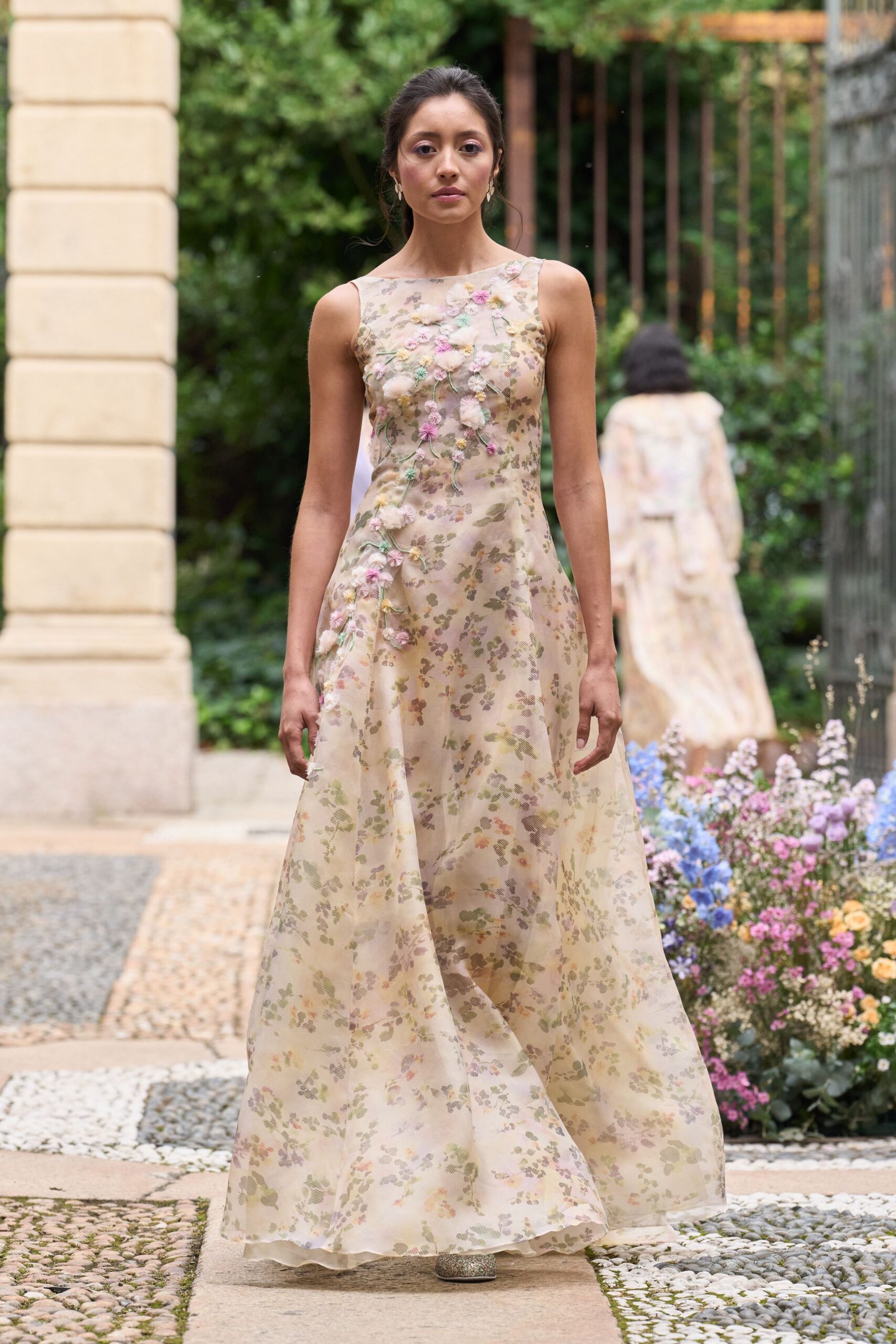 beige pink floral gown
