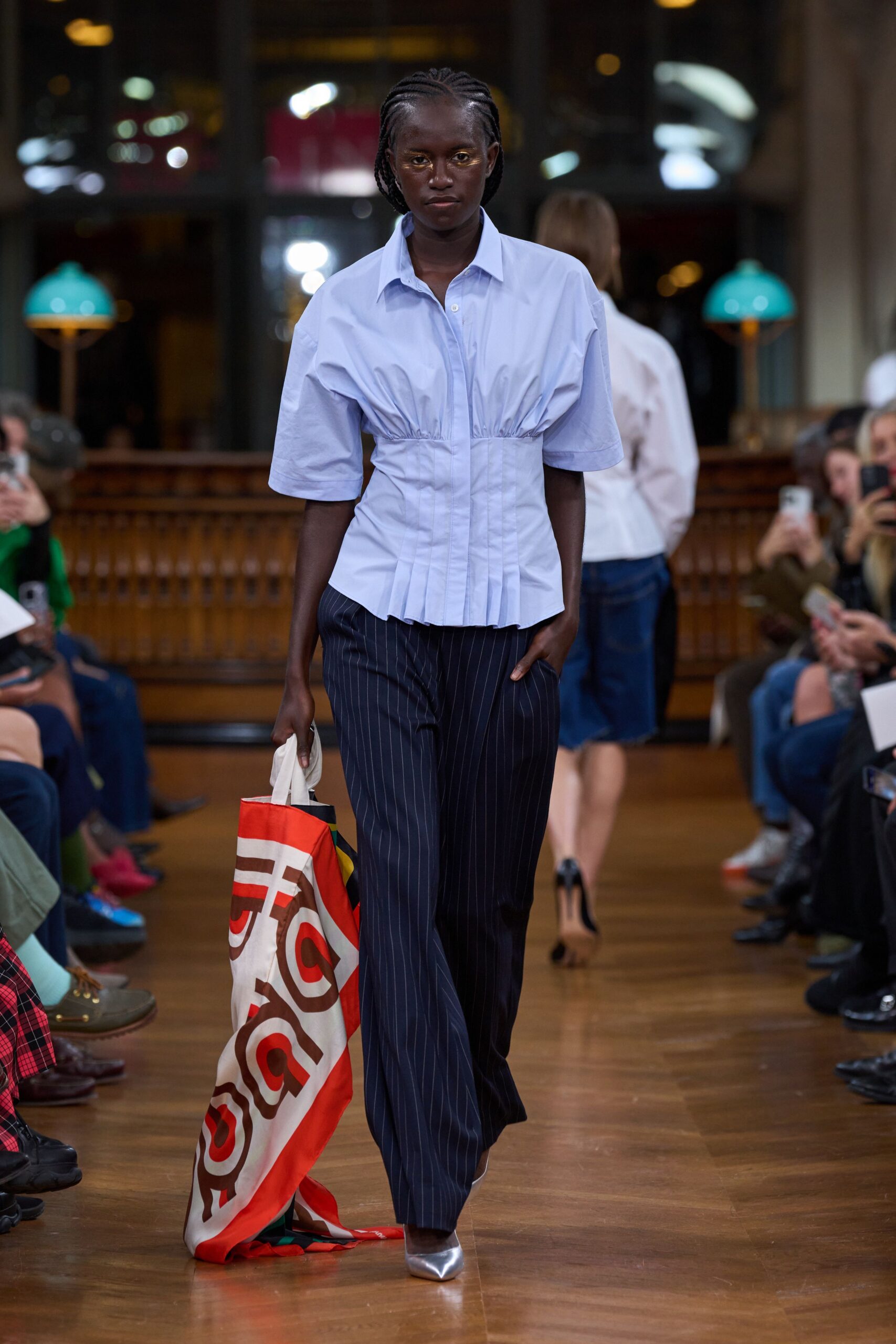 light blue fitted shirt with navy pants