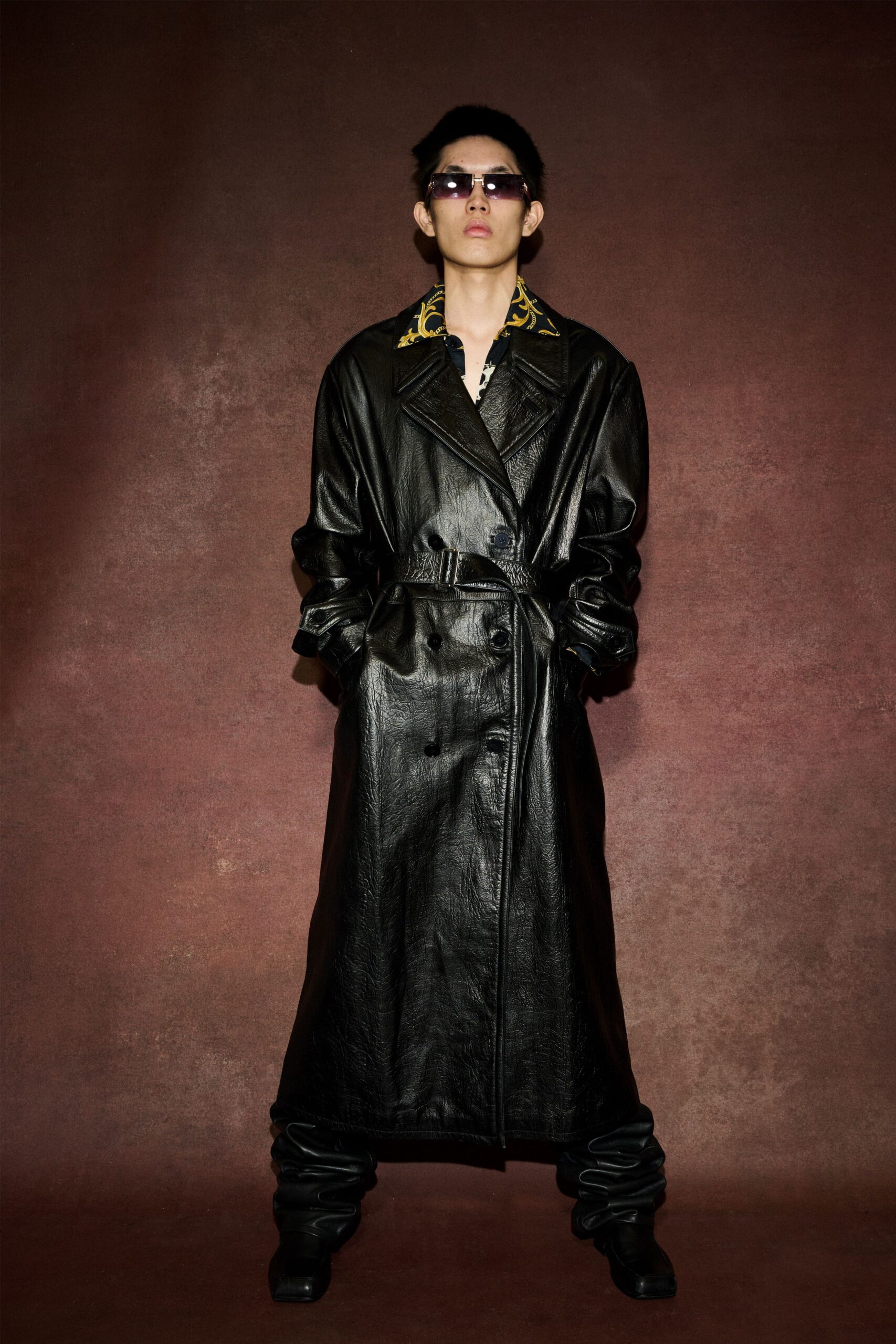black leather coat with multi shirt