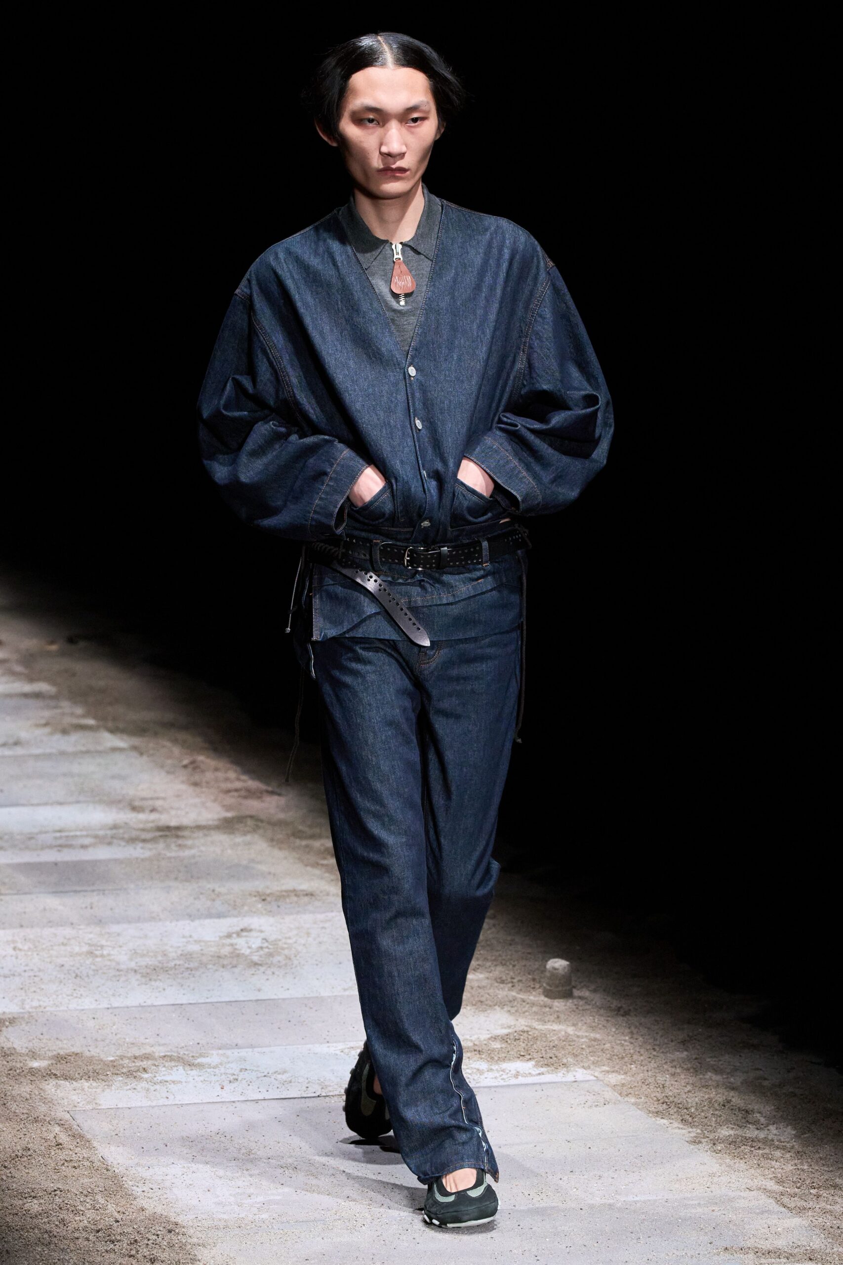 blue denim jacket with gray shirt