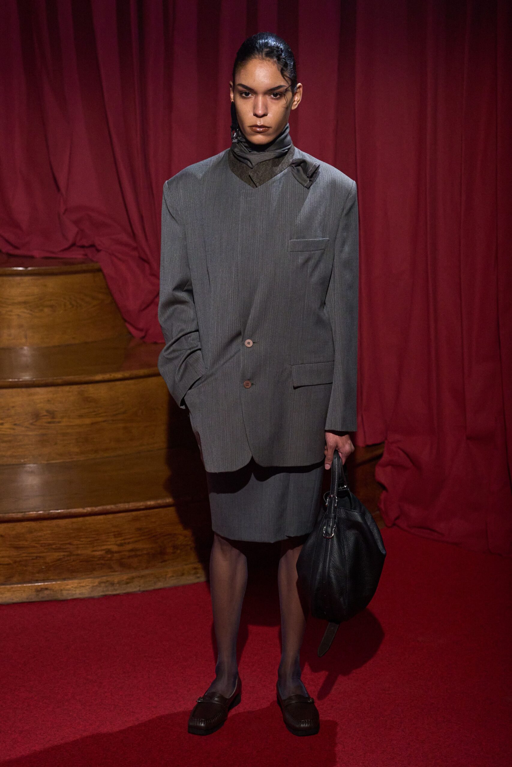 gray wool blazer and pencil skirt