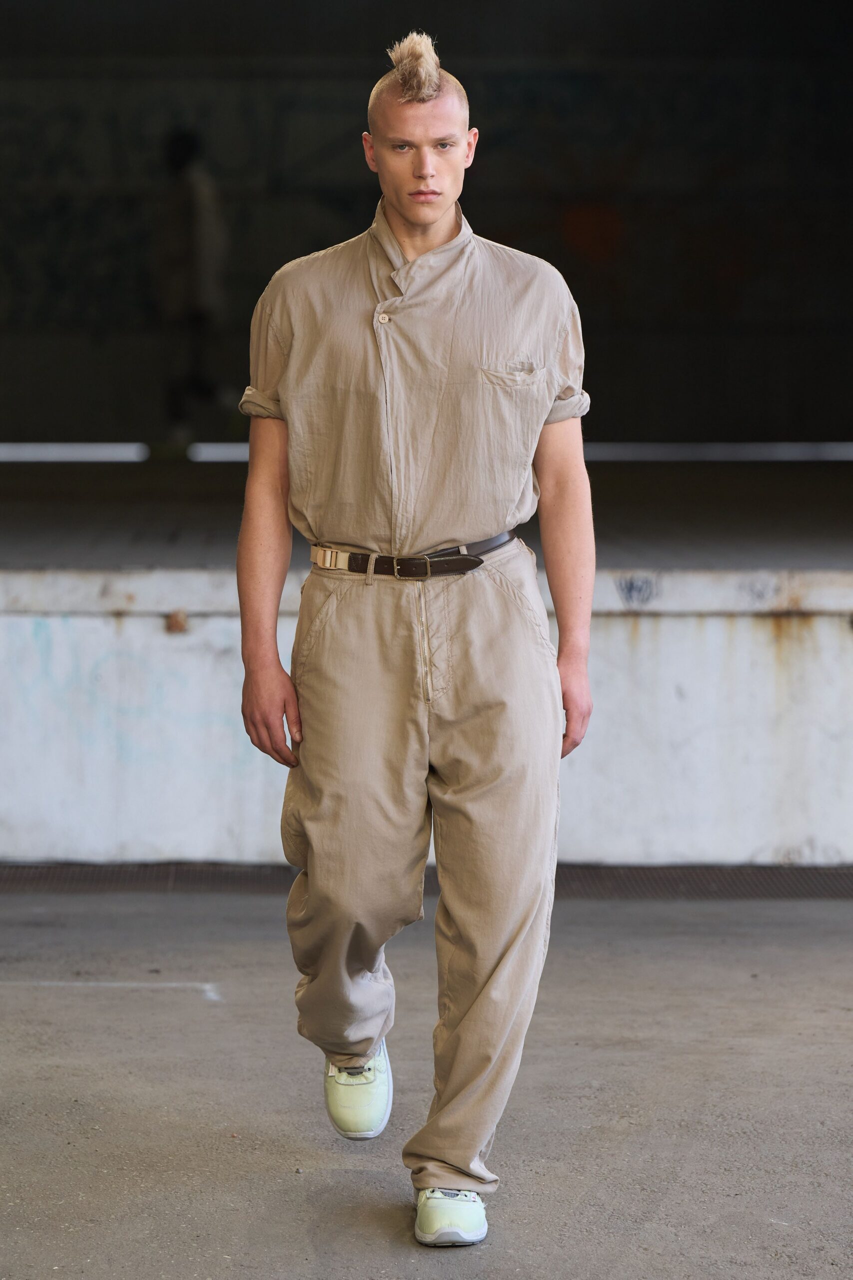 beige cotton short-sleeve collared relaxed zippered jumpsuit