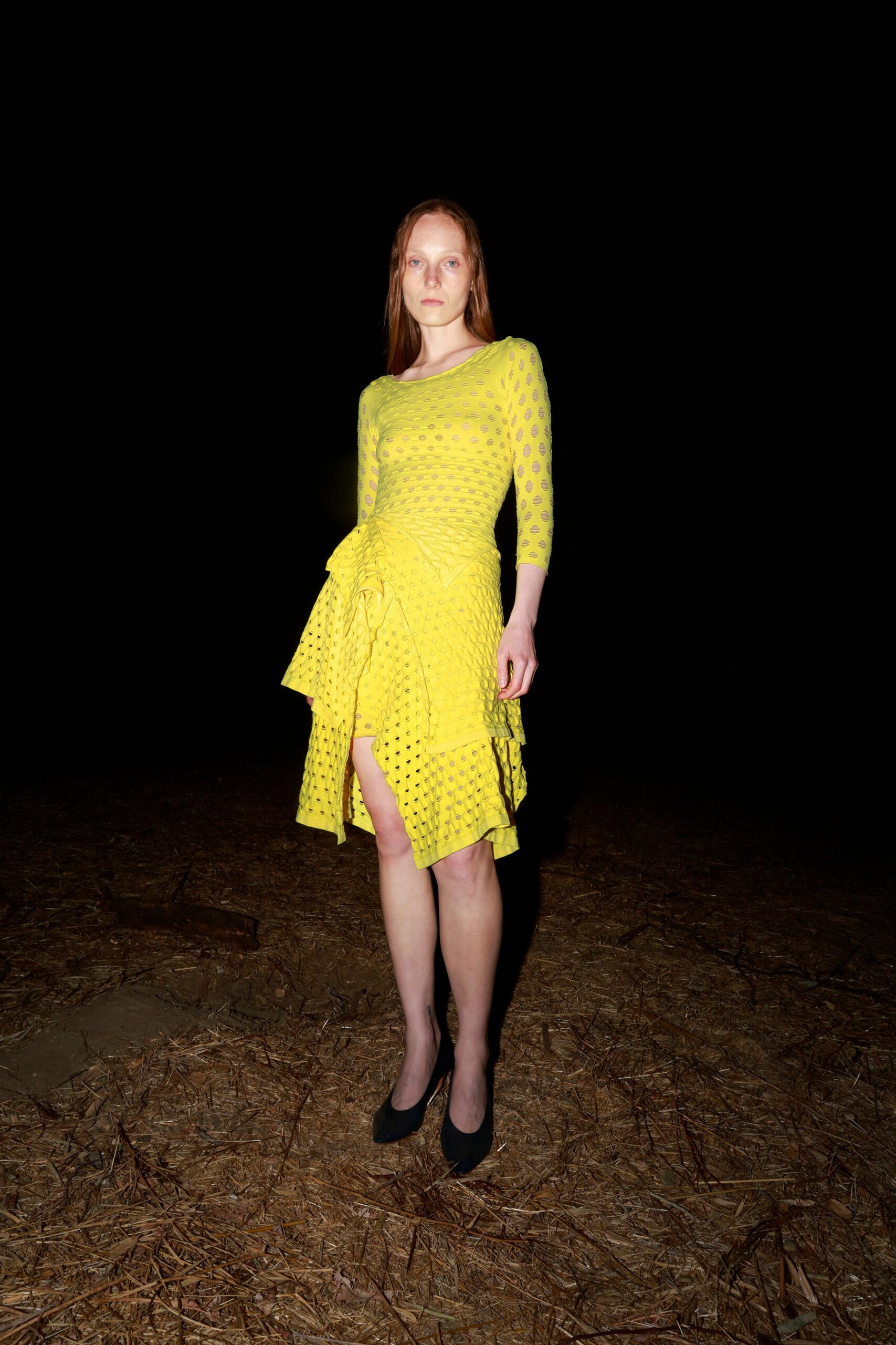 yellow mesh long-sleeve v-neck fitted pleated ruched dress
