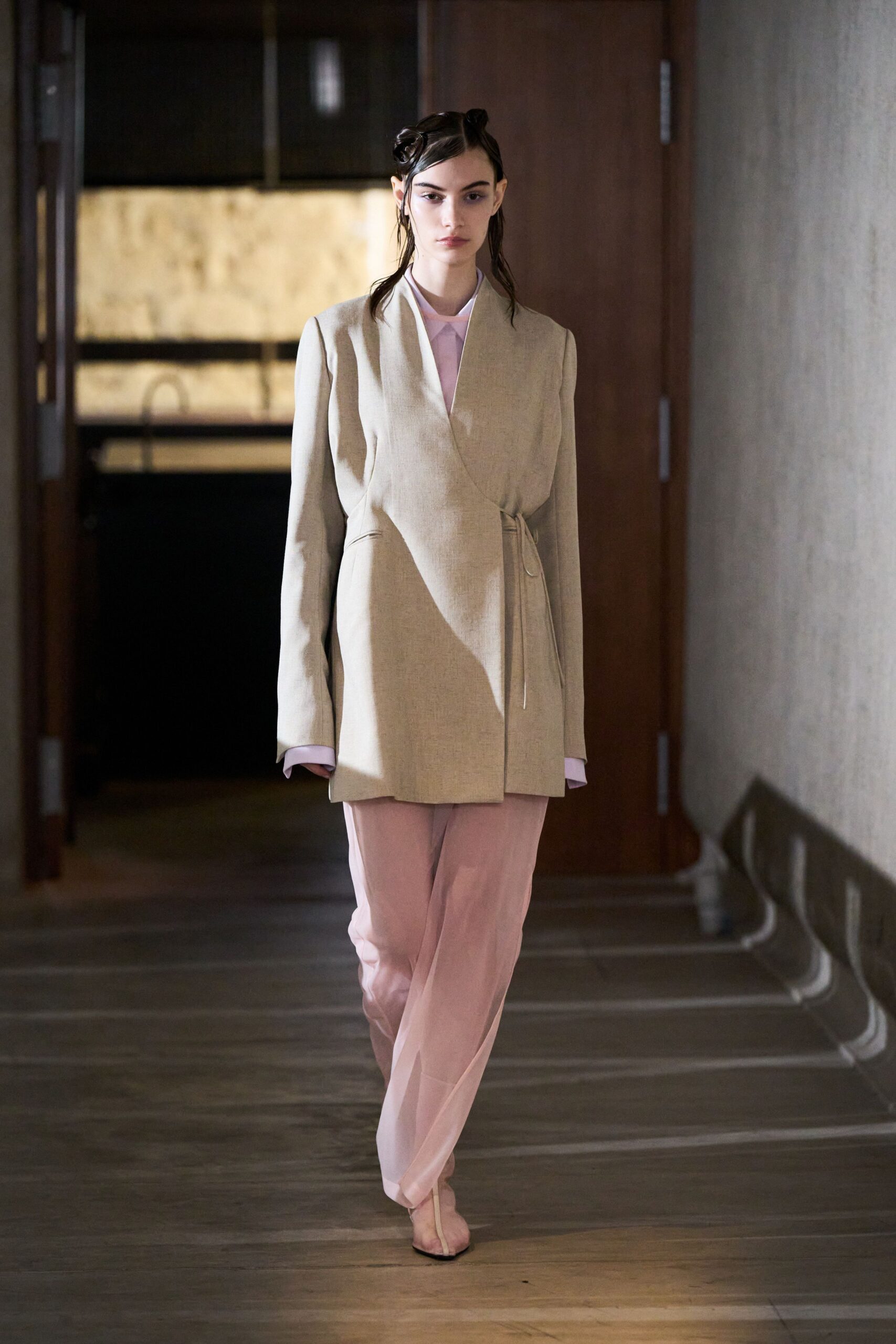 beige tailored blazer with pink pants