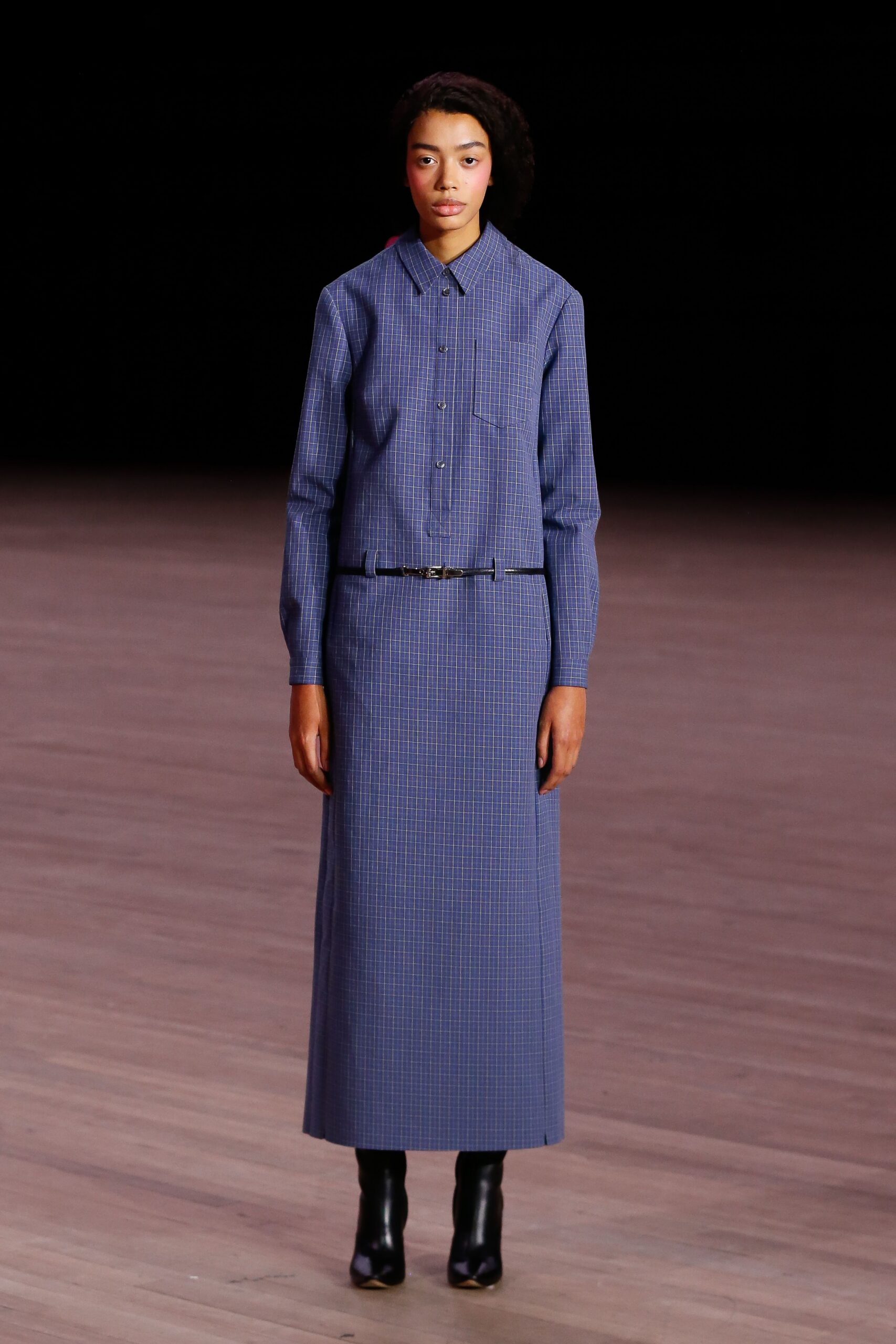 blue checked shirt-dress with black boots