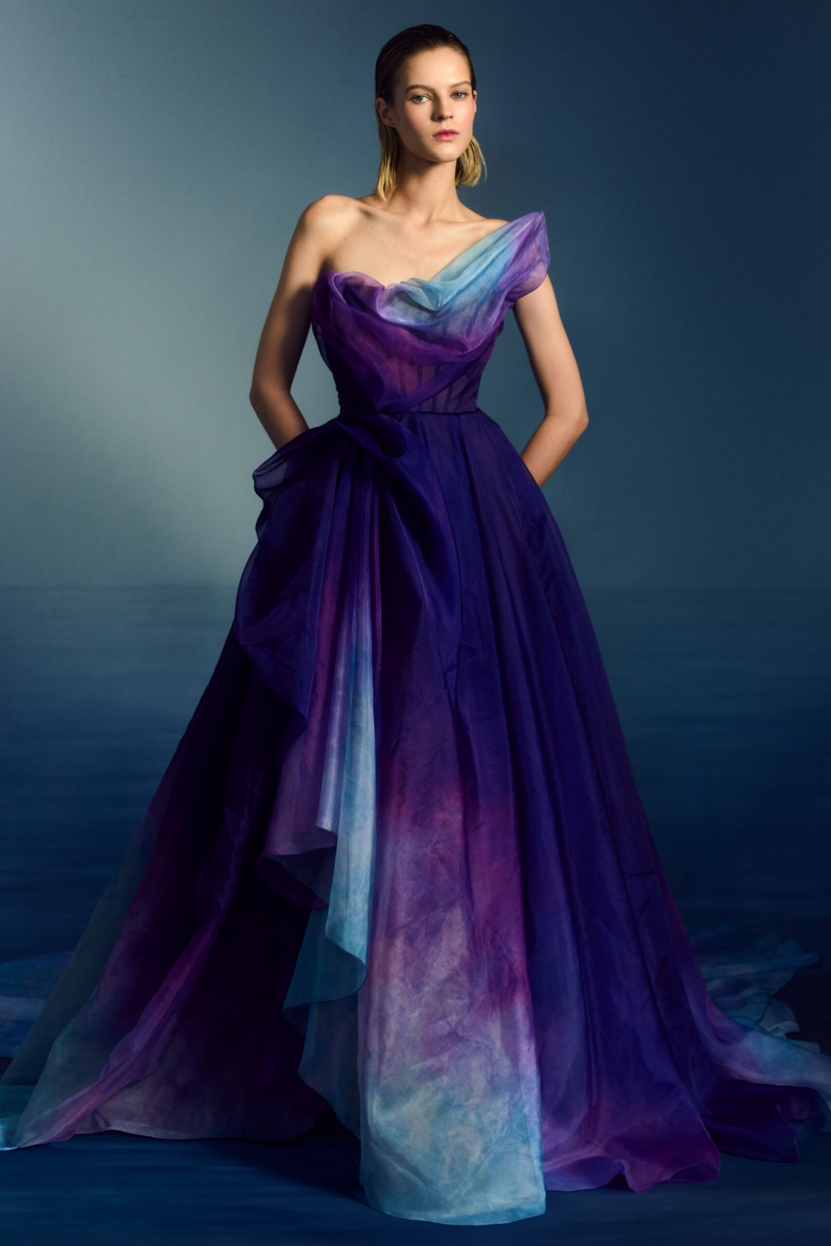 purple and blue flowing gown