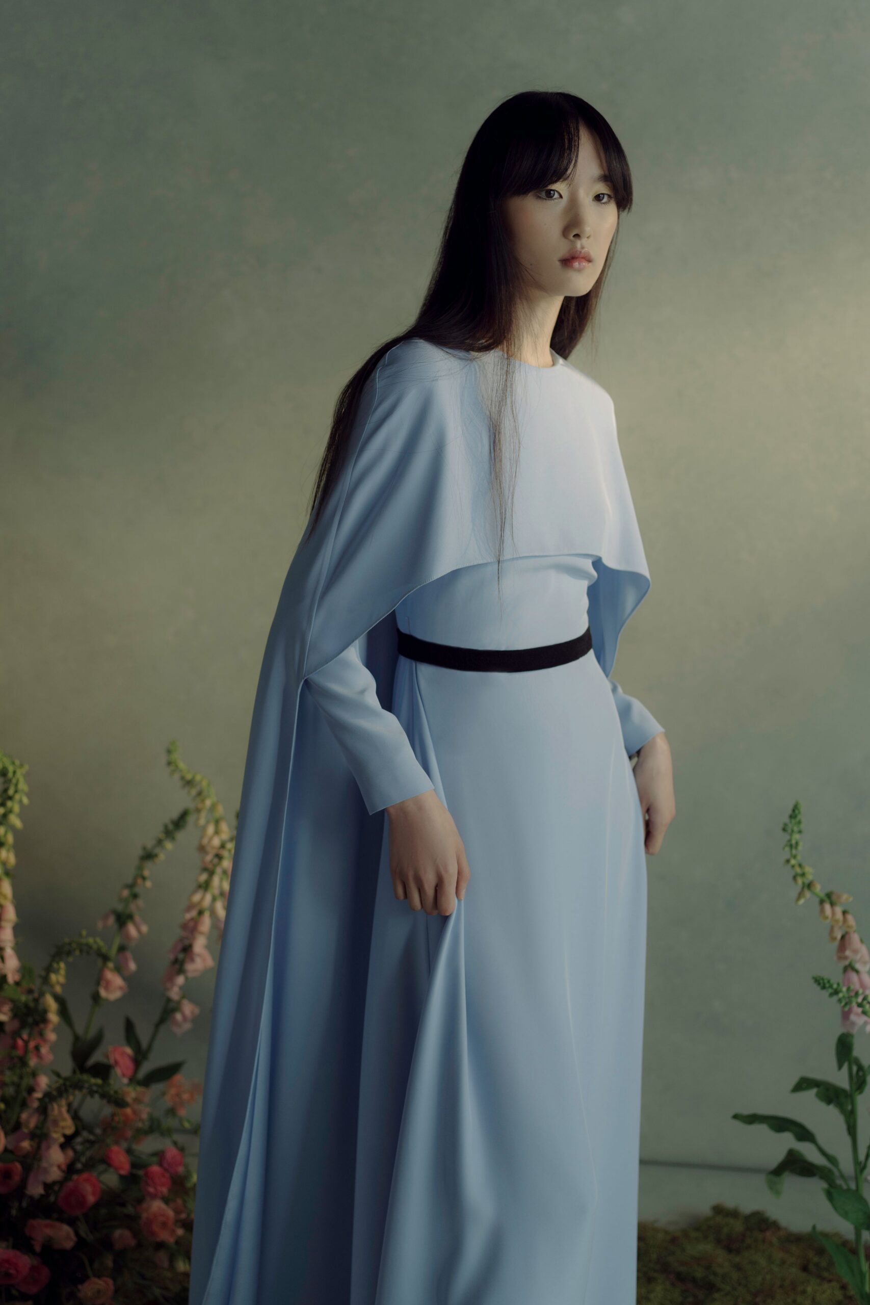blue silk gown with cape