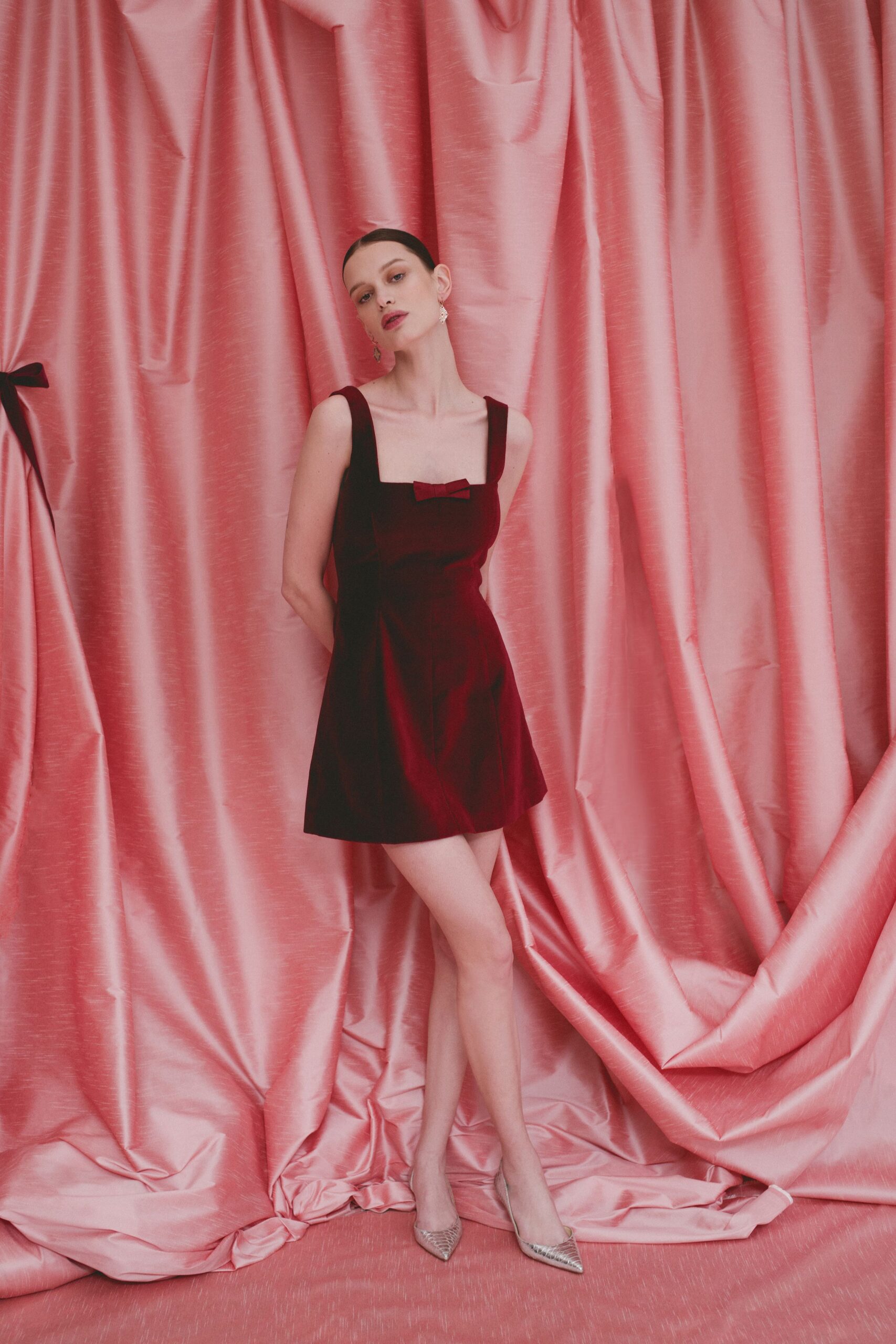 red velvet sleeveless square-neck fitted pleated mini mini-dress