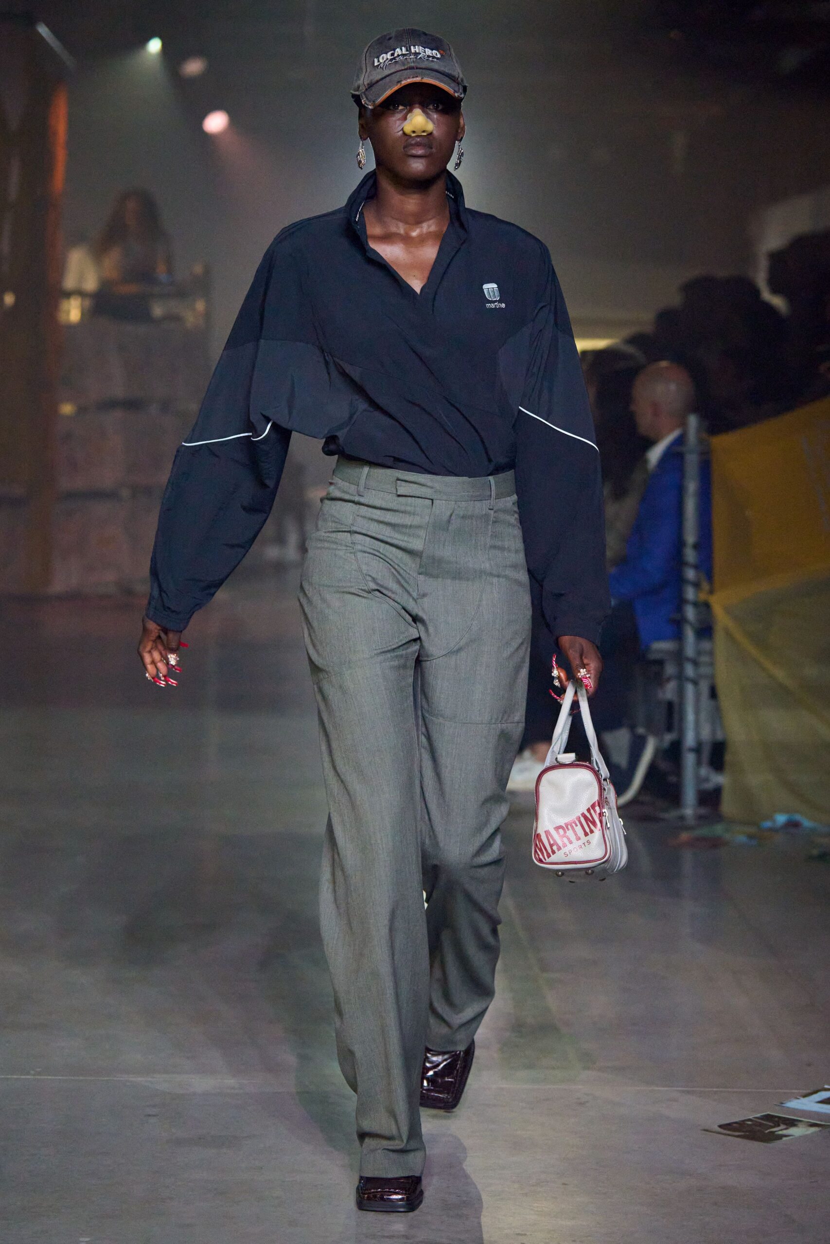 black shirt gray tailored pants