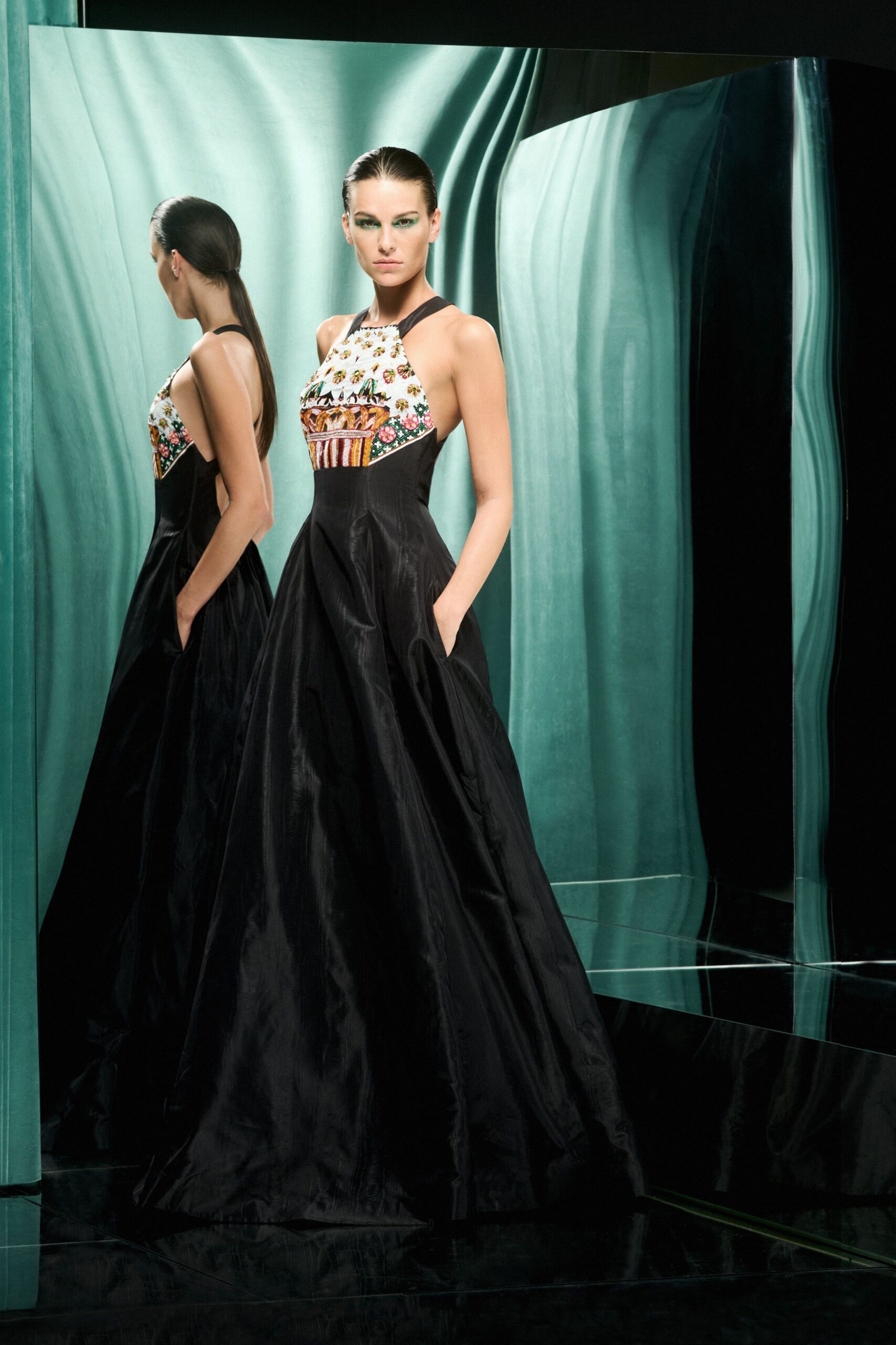 black silk embroidered gown