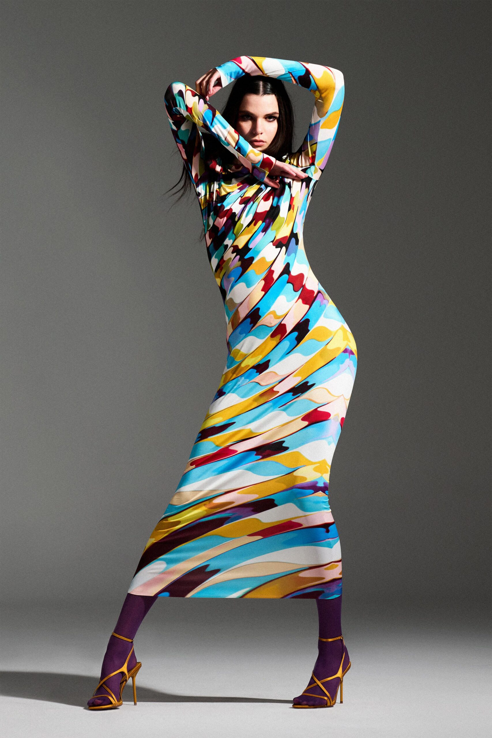 multi jersey long-sleeve v-neck fitted printed midi dress