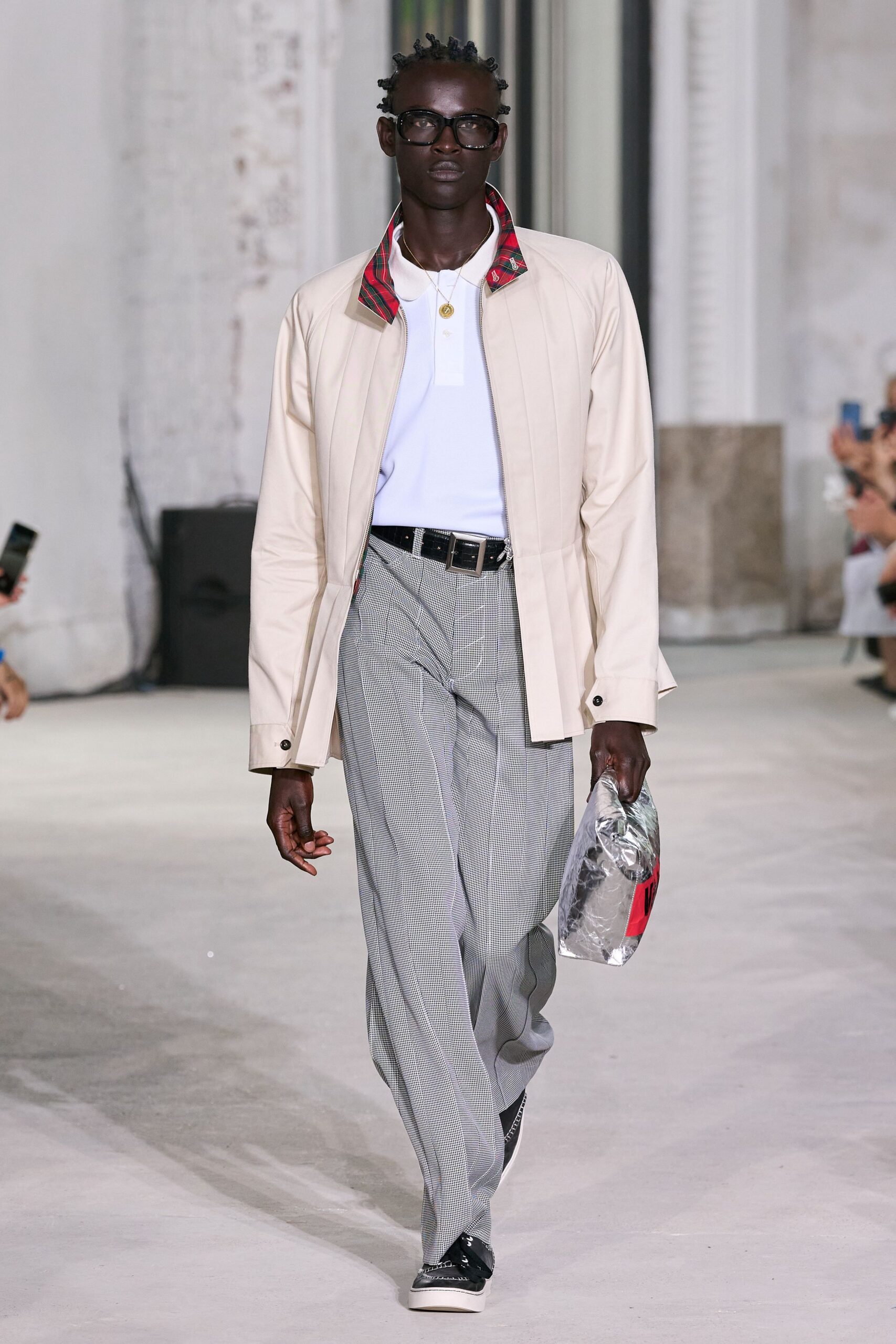 beige relaxed jacket with gray tailored pants