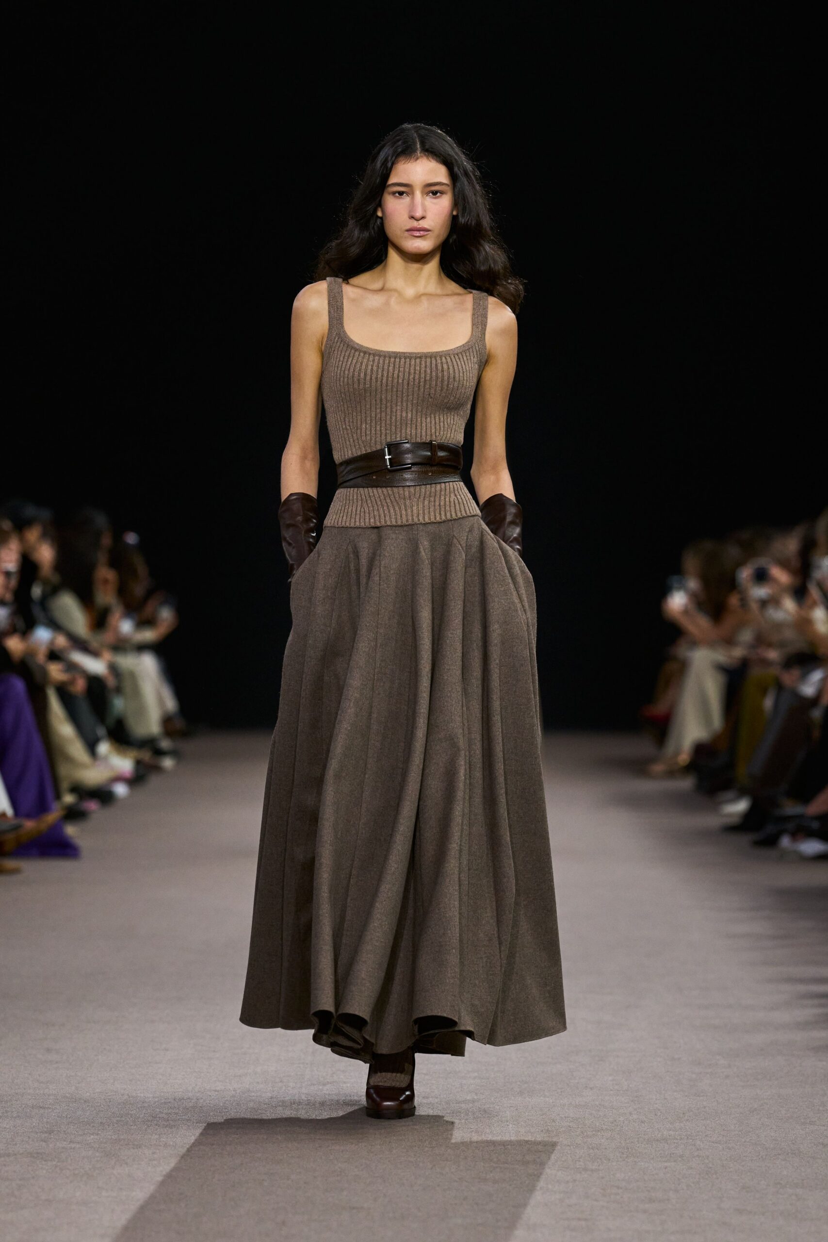 brown wool sleeveless square-neck fitted pleated belted dress
