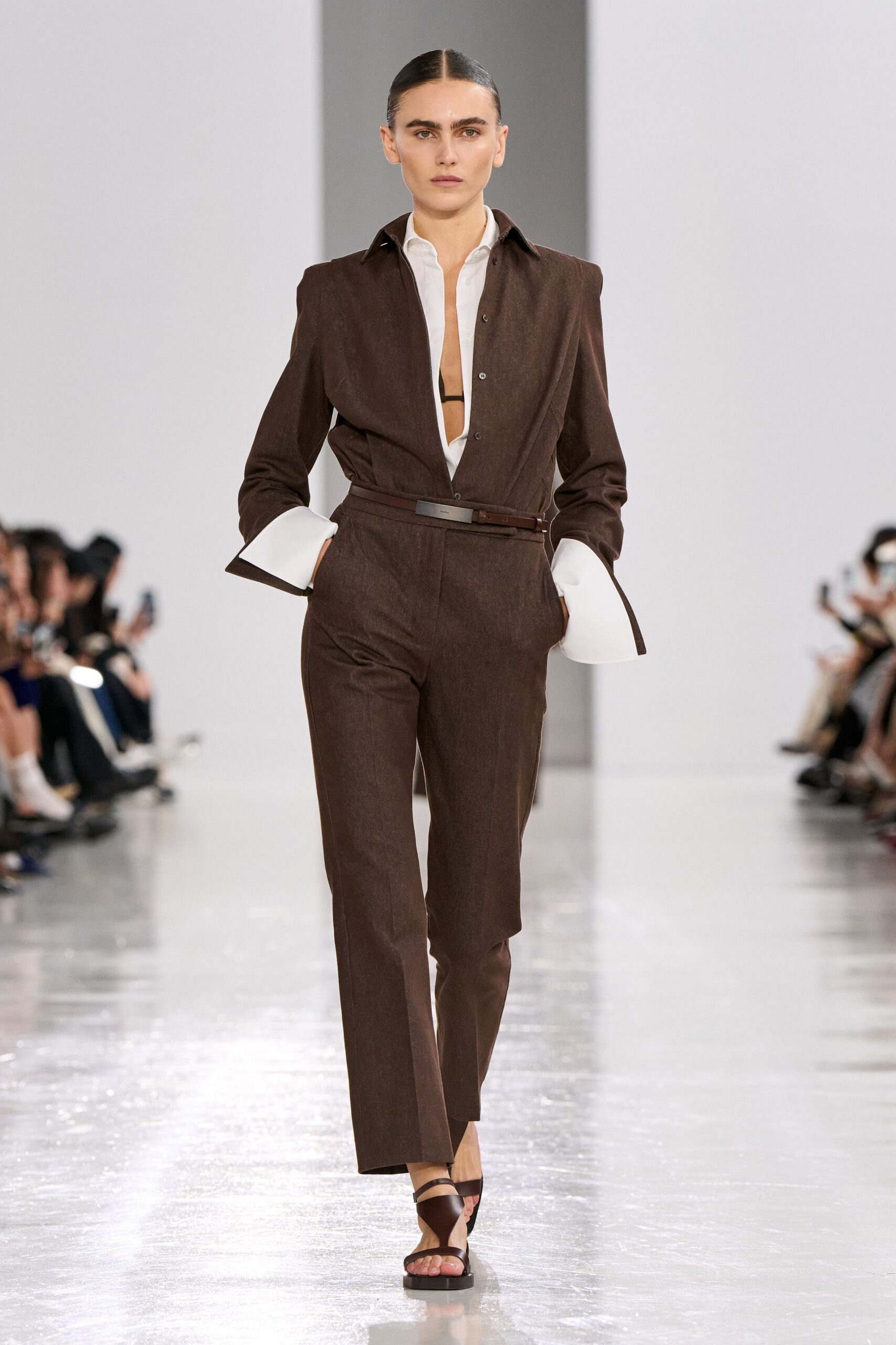 brown cotton long-sleeve collared fitted zippered belted jumpsuit