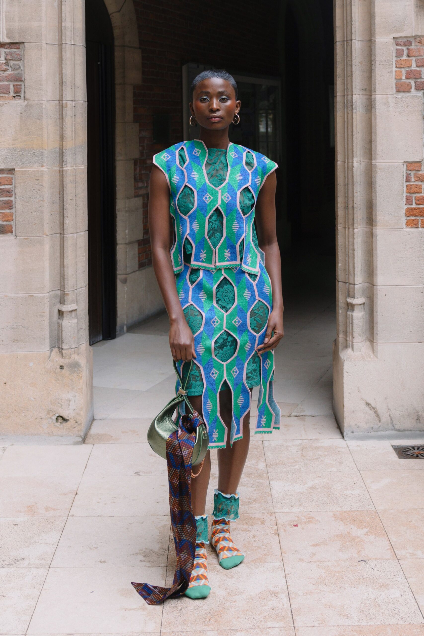 blue cotton sleeveless high-neck fitted printed midi dress
