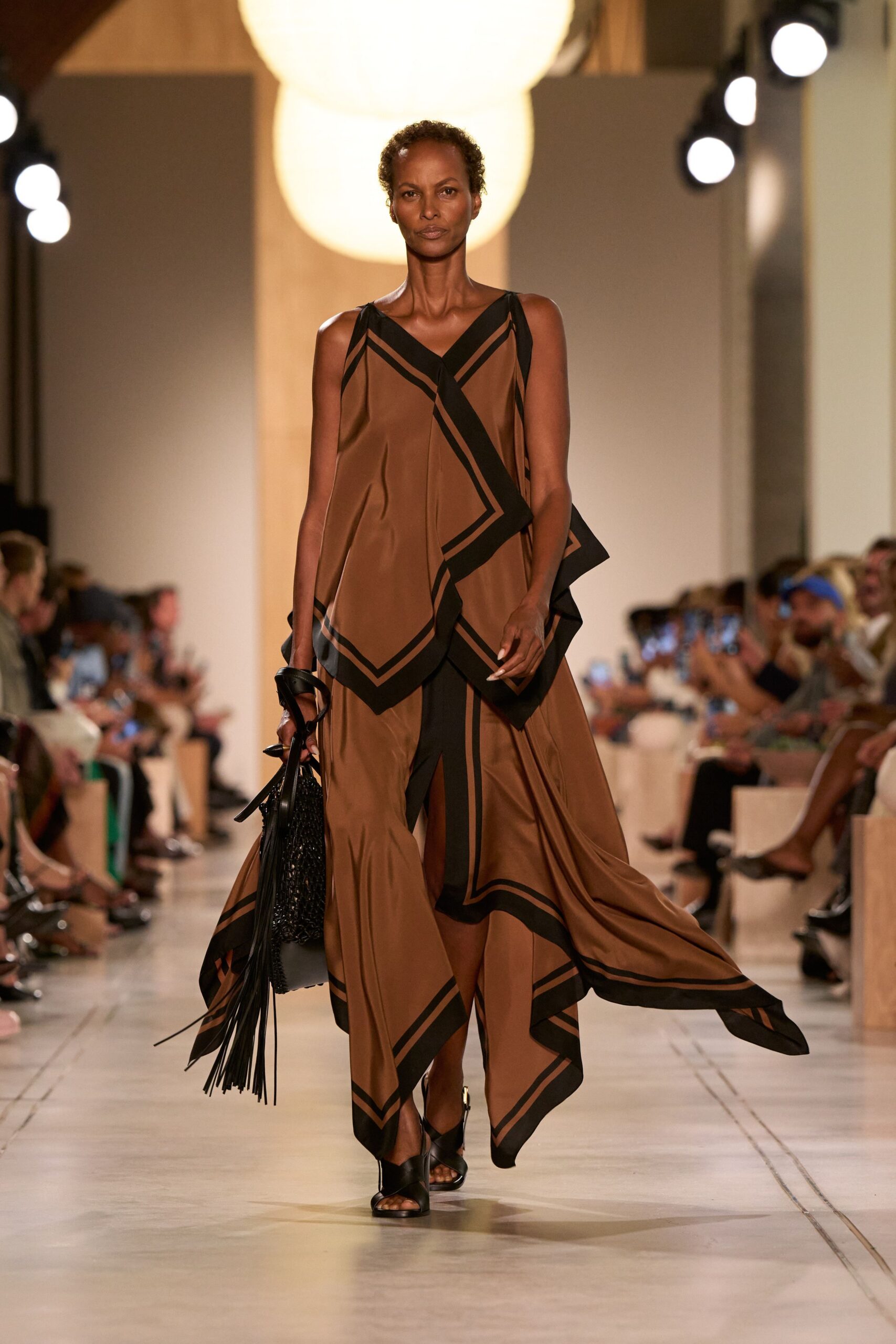 brown silk asymmetric midi dress