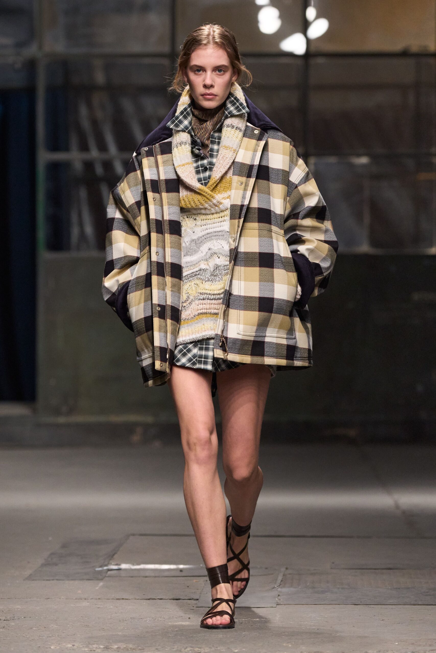 yellow cotton long-sleeve collared oversized checked jacket