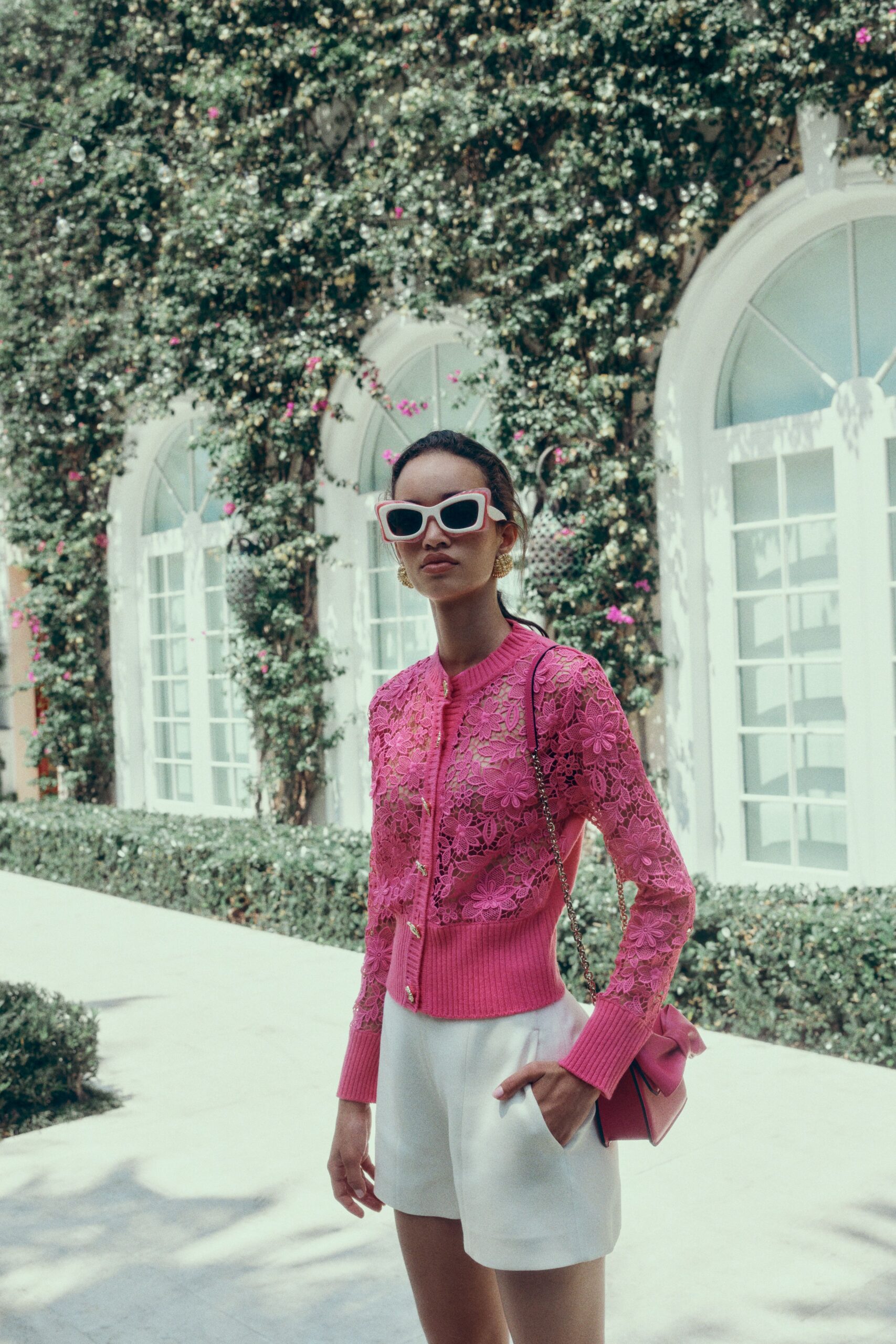 pink lace long-sleeve collared fitted embroidered top