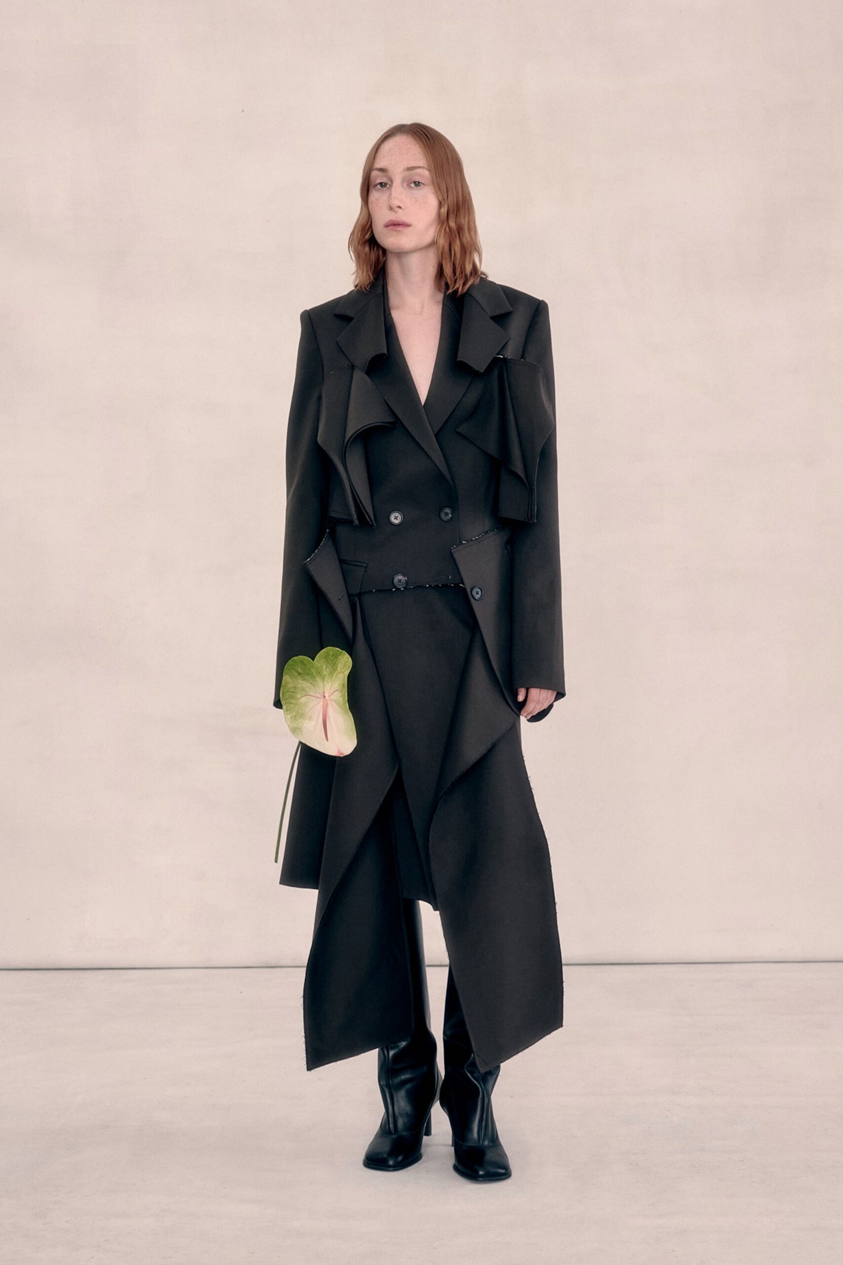black cotton long-sleeve collared relaxed draped layered coat