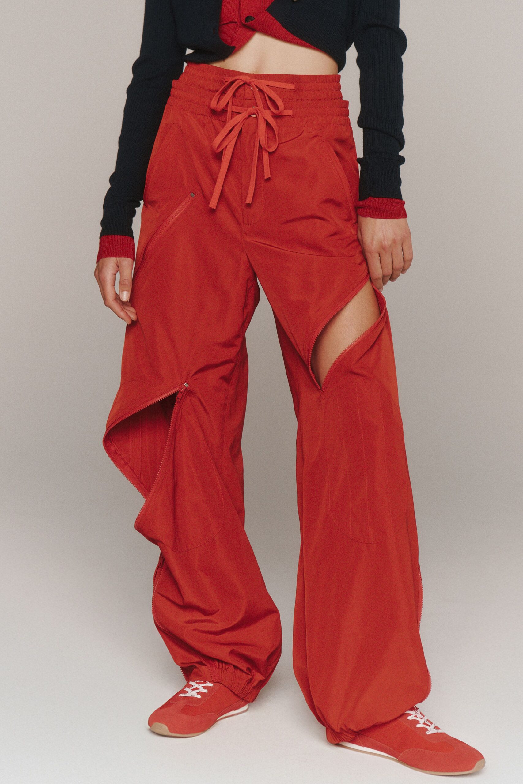 red cotton relaxed high-waisted zippered flared pants