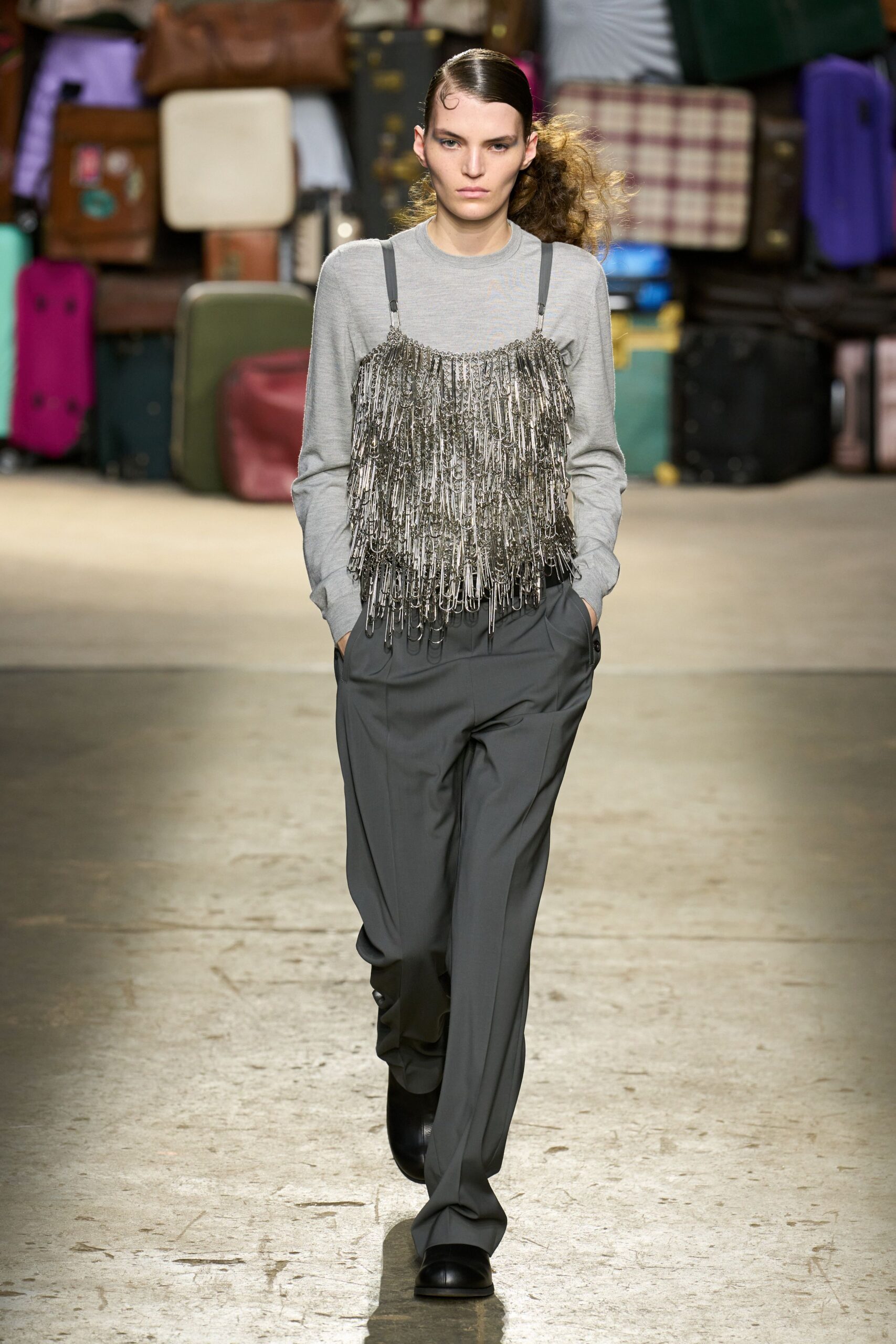 gray cotton sleeveless high-neck relaxed fringed top